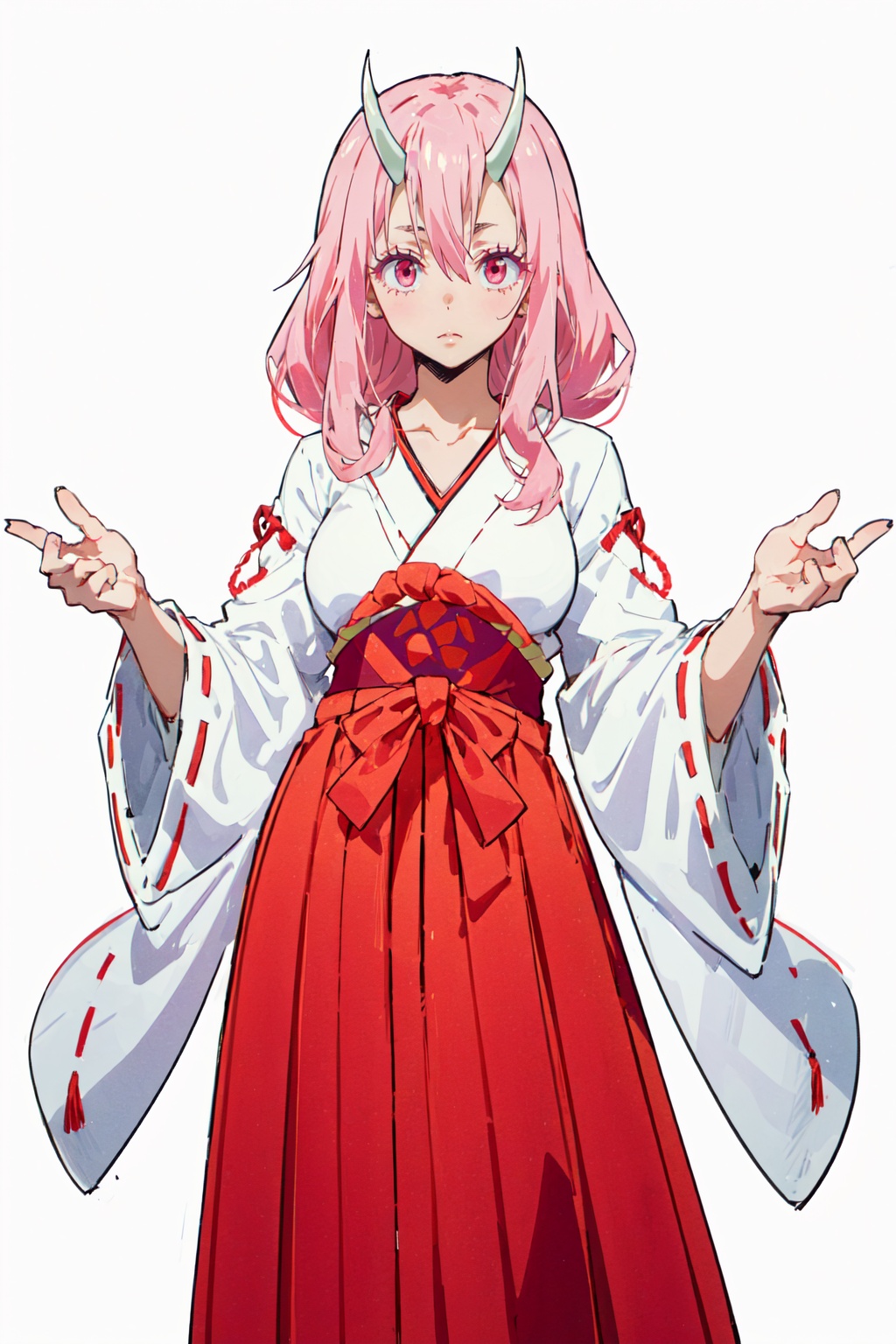 1girl,looking at viewer,solo,oni,horns,pink hair,long hair,hair between eyes,red eyes,pink eyes,miko,japanese clothes,red hakama,ribbon trim,ribbon-trimmed sleeves,hakama,white kimono,skirt,kimono,collarbone,wide sleeves,long sleeves,hakama skirt,red ribbon,breasts,ribbon,<lora:Shuna:0.8>,Shuna_CYQL,full_shot,beautiful face,beautiful eyes,glossy skin,shiny skin,white background,simple background,posing in front,masterpiece,best quality,beautiful and aesthetic,contrapposto,female focus,wallpaper,fashion,