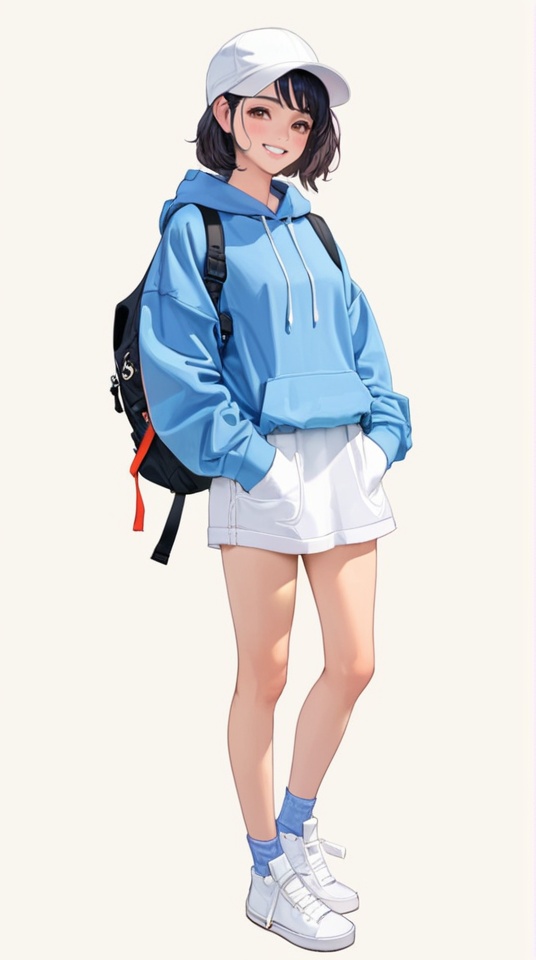 (best quality), ((masterpiece)), (highres), illustration, original, extremely detailed,<lora:韩の时尚衣橱:0.7>1girl, solo, backpack, hoodie, hat, black hair, hood, bag, smile, simple background, shoes, white background, short hair, baseball cap, brown eyes, looking at viewer, sneakers, full body, hands in pockets, skirt, socks, blush, blue socks, blue hoodie, hood down, shorts, white footwear, grin, white shorts, white skirt