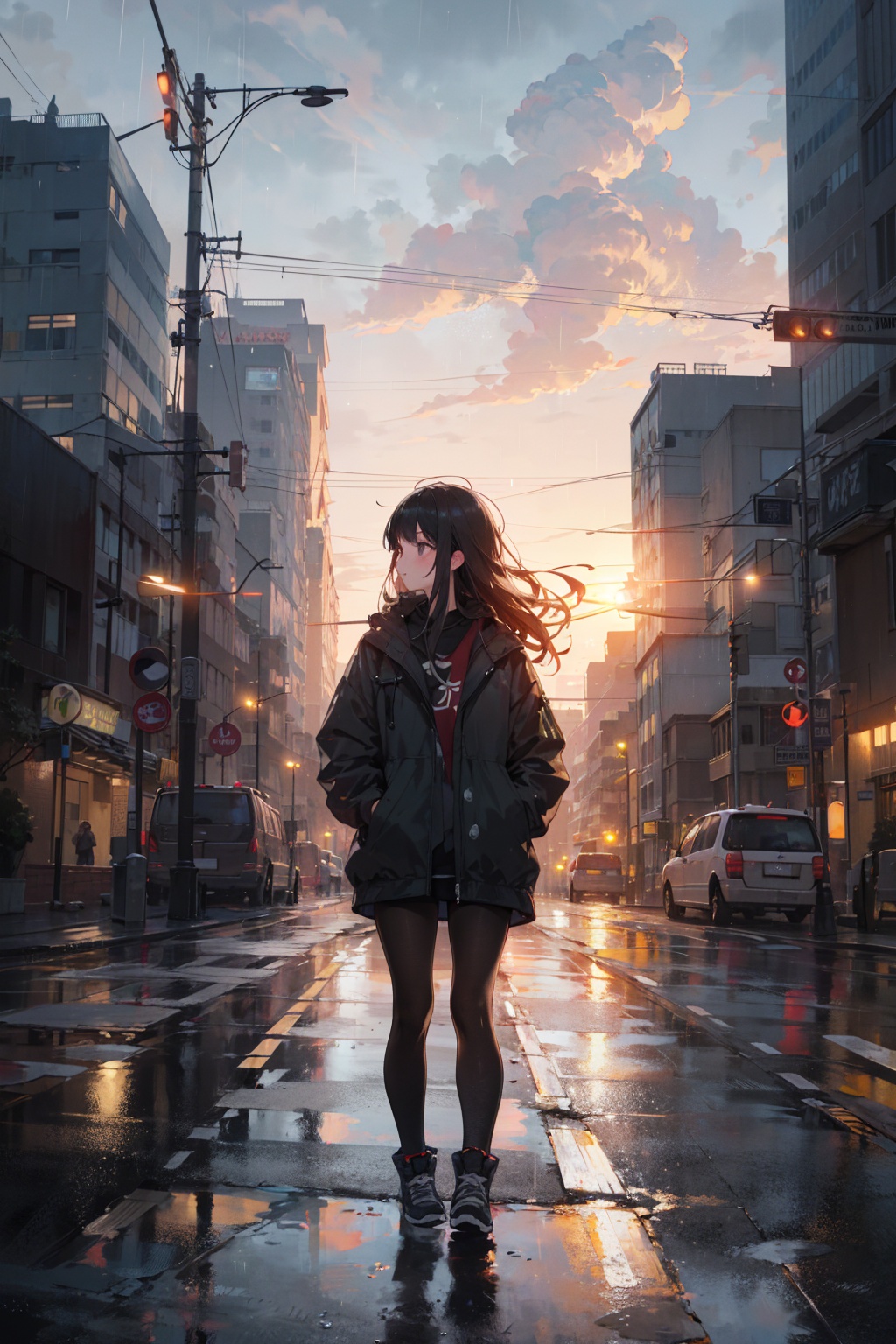 masterpiece,best quality,(ray tracing, cinematic lighting),ex-light,(central composition, Centered Composition and Symmetry:0.6),(back to camera:1.3),backlight,1girl,((solo)),black long hair,messy hair,jacket,pantyhose,rainy day,Cumulonimbus Cloud,(put hands in pockets),(outdoors, rain, sky, deserted streets, watered-down pavements, crossroad, fork in the road),tall buildings,bell towers,glass,reflections,streetlights,sunset,Tyndall Effect,
