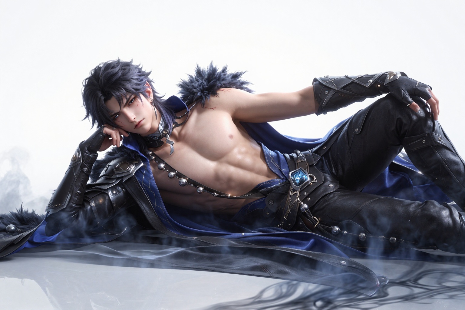 YY Anime style,CG,masterpiece, best quality, newest, highly detailed, usnr, perfect eyes,1man, ***** male, 26 years old, solo, elf, tall male, ((lean muscle build:1.2)), ((agile build:1.3)), defined but slim torso, long limbs, narrow waist, long slender arms, lean forearms, minimal upper-arm bulk, subtle muscle definition, defined but not bulky, toned physique, low body fat, long neck, slender shoulders, masculine proportions, angular face, defined jawline, square jaw, thick eyebrows, narrow eyes, deep-set eyes, facial scars,, scar across nose bridge, slender shoulders, graceful posture, light frameshoulder-length black hair, messy hair, subtle purple highlights in bangs, glowing blue eyes,dark leather and steel chest armor, fitted chestplate, reinforced shoulder guards, blue high-collared tunic under armor, black cloak with feather trim, leather pants, leather riding boots, earrings,lying down with head resting on hand, magical smoke pooling around feet, black-blue magic smoke, simple white background