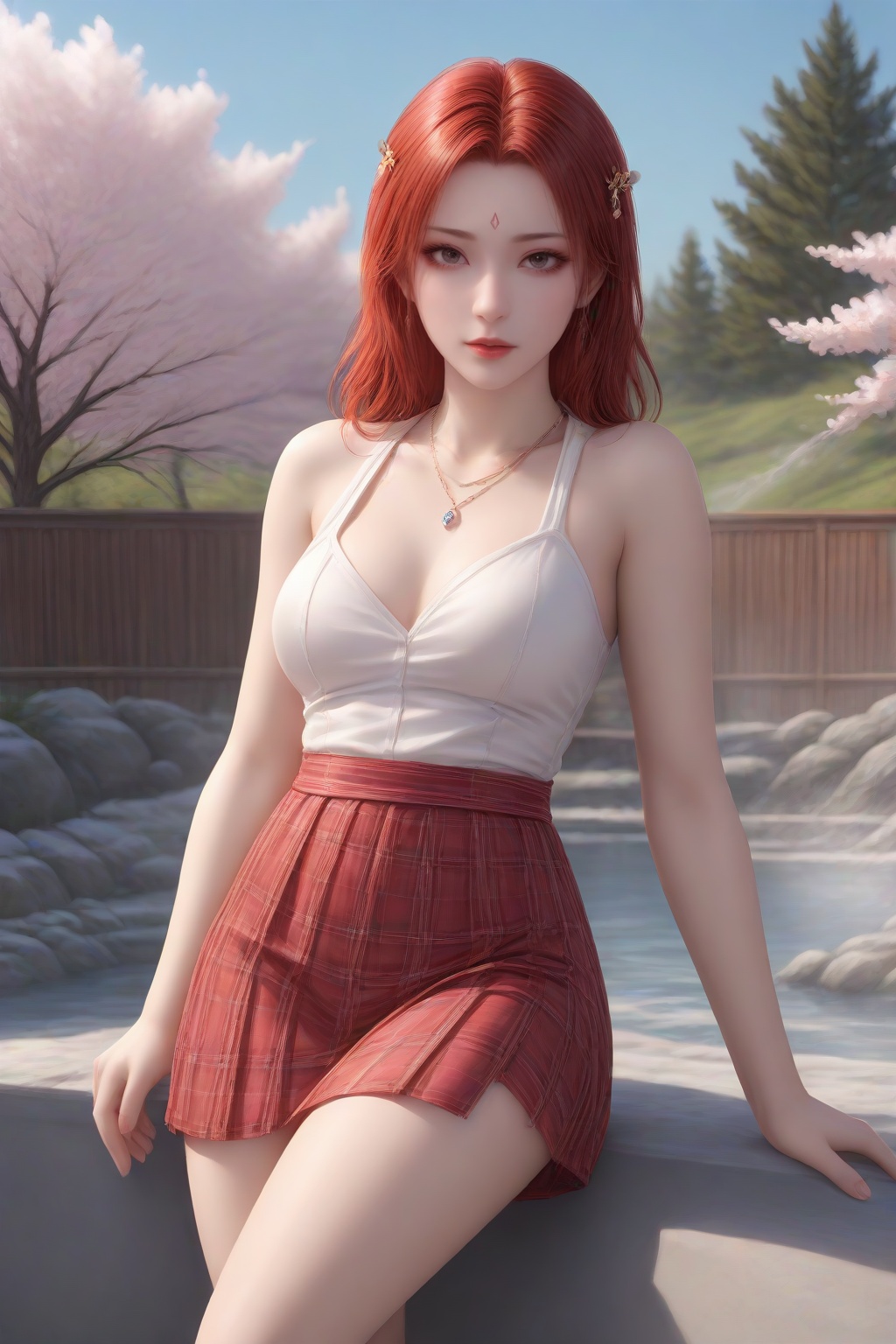 <lora:yafei_v1-000024:0.6>,yafei,1girl,solo,hair ornament,looking at viewer,facial mark,outdoors,long hair,forehead mark,onsen,closed mouth,lips,lipstick,red lips,looking at viewer,dynamic pose,light smile,standing,hand on own hip,(outdoors,day,waterfall,sky,cloud,park,park bench,lamppost,),masterpiece,highres,absurdres,best quality,8K,high-res detailed,(white shirt,turquoise bow,bowtie,turquoise skirt,plaid skirt,red pleated skirt,),<lora:sh-glossy_r2:0.7>,thighhighs,black_thighhighs,shiny legwear,black_loafers,looking at viewer,dynamic pose,shadow,outdoors,wall,sky,blue sky,cloud,<lora:DetailedEyes_V3:0.5>,<lora:LegLength&Muscular_400steps:1.5>,