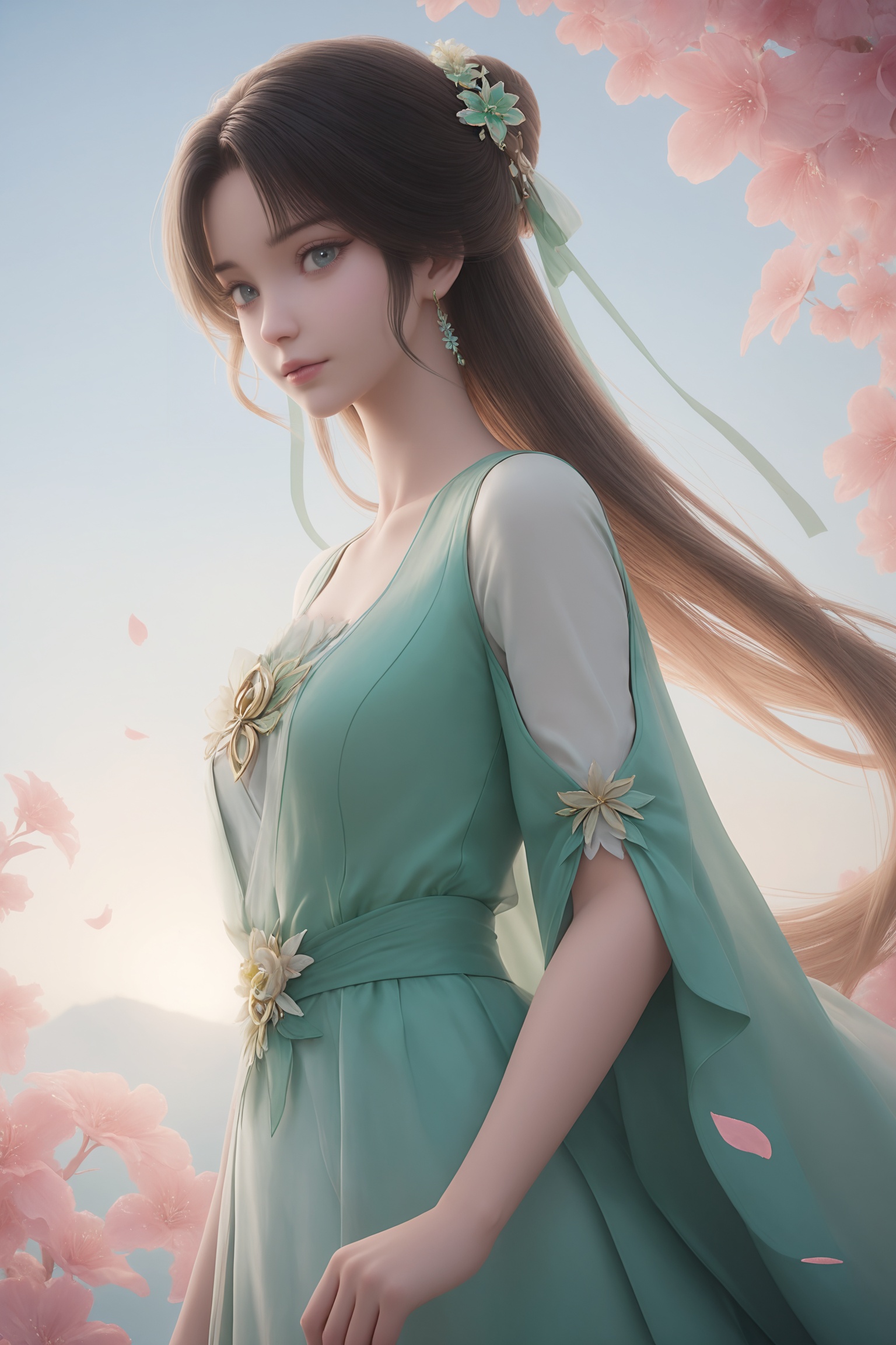 masterpiece,best quality,solo,1girl,upper body,petals,looking at viewer,sunset,branch,cherry blossoms,flower,extreme aesthetic,(quasarcake:0.7),masterpiece,best quality,good quality,newest,very aesthetic,absurdres,A shot with tension,(Visual impact,giving the poster a dynamic and visually striking appearance:1.2),impactful picture,offcial art,colorful,splash of color,movie perspective,stangding,<lora:诛仙3-碧瑶ILL:0.7>,1girl,long,dark hair,updo,green hair flower,white ribbon,elegant,flowing,sheer,pale green fabric with intricate floral patterns and golden accents gown,dress,long sleeves,