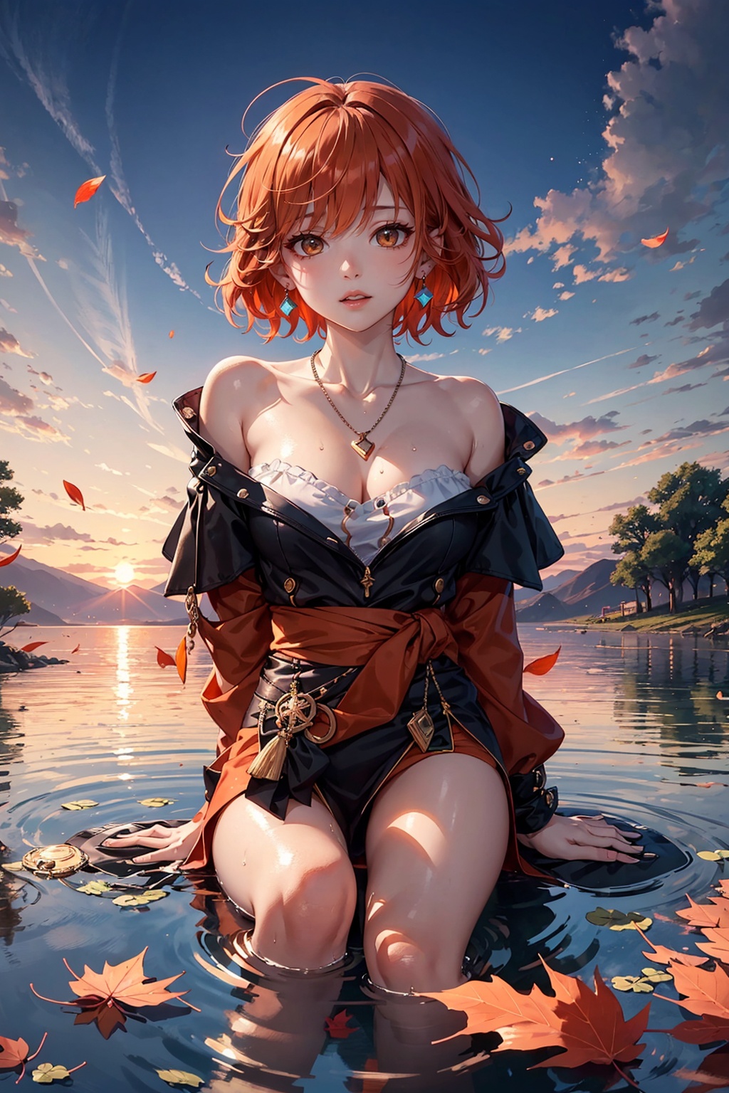 1girl,Short hair,earrings,necklaces,orange hair,off shoulder,chest,water,looking at the audience,the fallen leaves on the water,partially submerged,sunset,afterglow,evening,yoimiya (genshin impact),