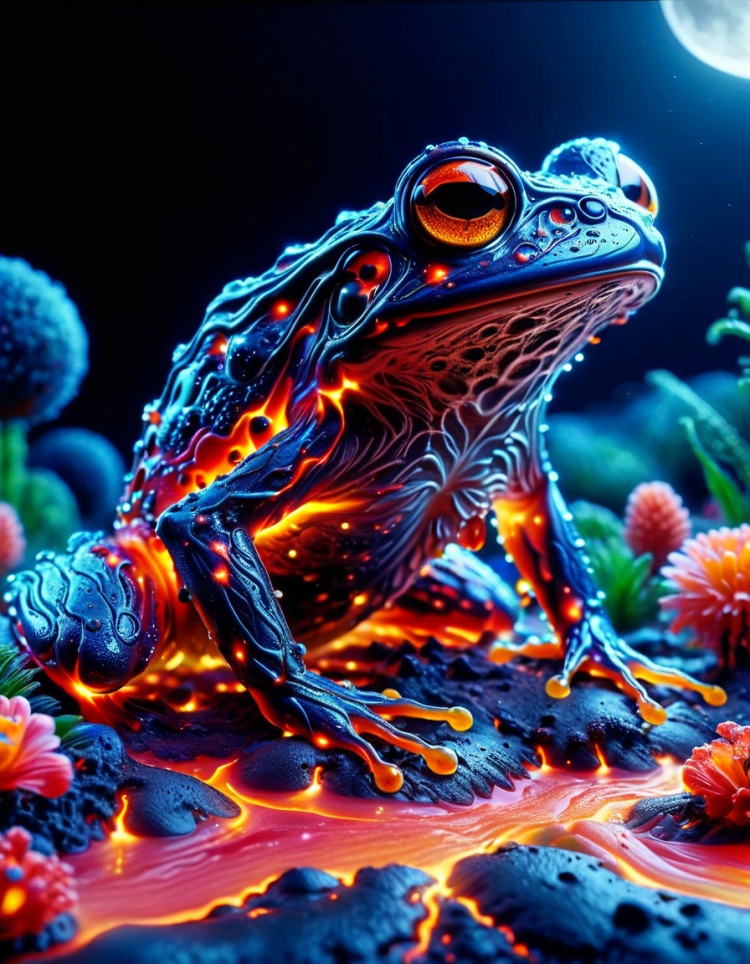 macro photo, a beautiful frog, glowing lights, beautiful magical sparkles, moon dust particulates, vibrant whimsical colors <lora:ral-lava-sdxl-v2:1> ral-lava