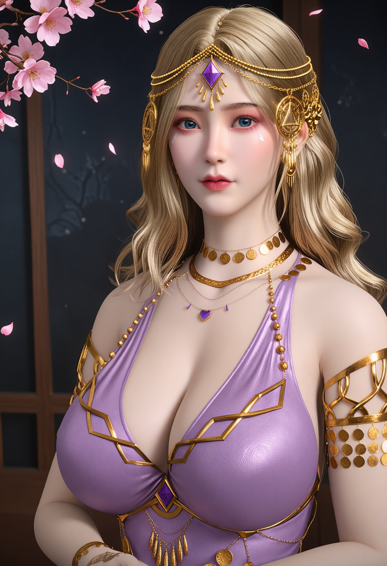 (gigantic breasts:0.8),(Perky boobs:1.3),(upper_body:1.2),(looking at viewer:1.1),facing viewer,direct gaze,(masterpiece:1.1),(best quality:1.2),(intricate details),(smog:1.3),(Dark room:1.3),(dim lighting:1.3),peach blossom,falling petals,<lora:YQ_Illustrious光辉v5_卡丹_V1:0.8>,1girl,q1528437228,solo,jewelry,blonde hair,long hair,necklace,armlet,gem,hair ornament,circlet,earrings,bracelet,brown hair,ring,head chain,high heels,masterpiece,(best quality),(intricate details:0.9) BREAK (intricate details:0.9),(realistic skin:1.2),masterpiece,best quality,newest,absurdres,hiahres,