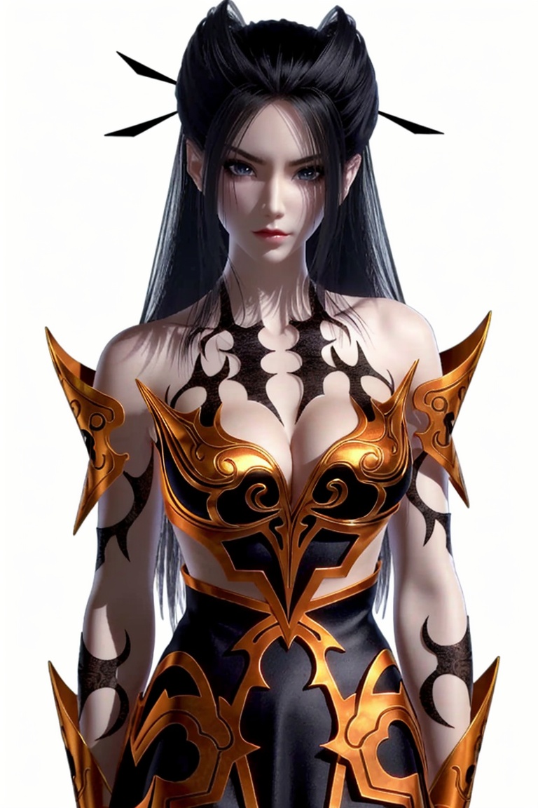 ((HRD, HUD, 8K)),((masterpiece, best quality)), highly detailed,1girl, solo, long hair, black hair, hair ornament, hair stick, black eyes, lips, red lips,tattoo, breasts, cleavage, bare shoulders, armor, dress, simple background, white background, upper body, standing, looking at viewer,  <lora:20240516-1715819702586:0.72>