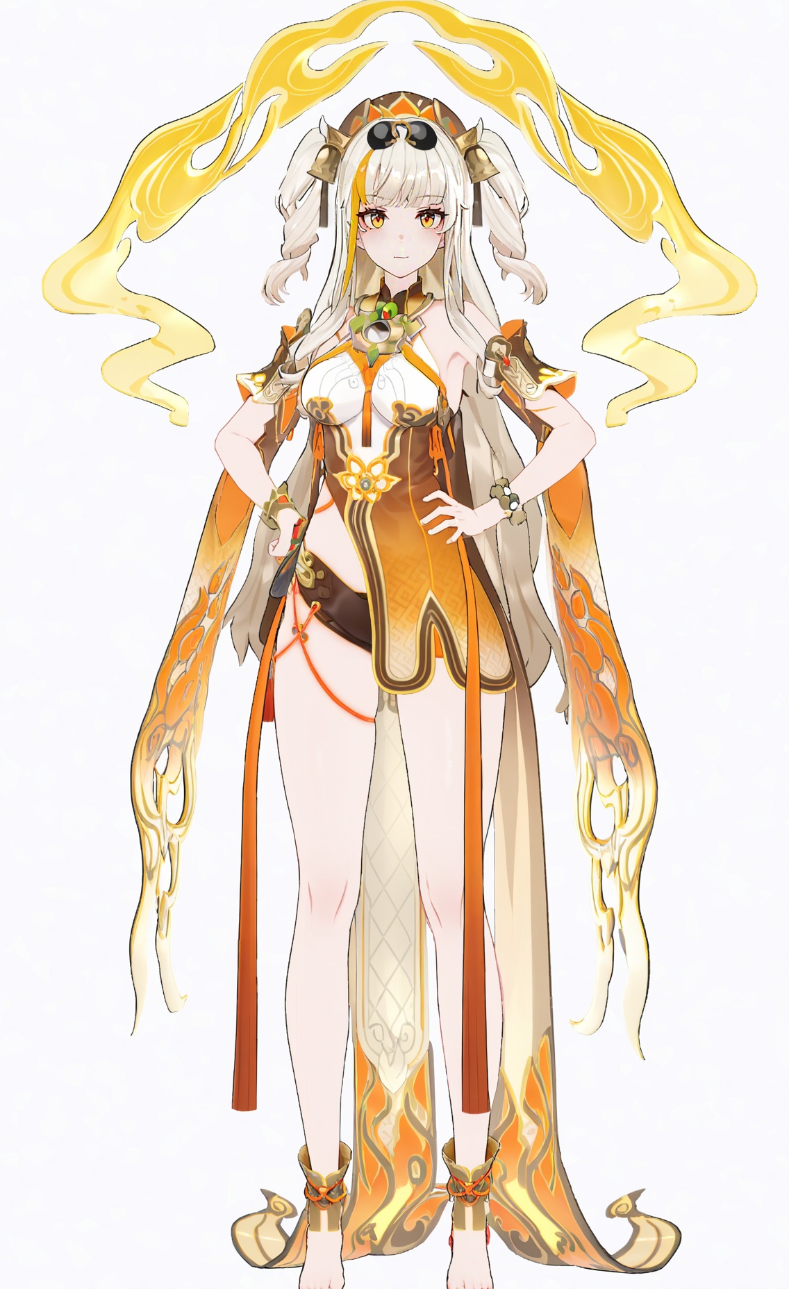 8k, best quality, masterpiece, (ultra-detailed), (high detailed skin), (white background:1.3), (full body:1.25), (white background), standing, looking at viewer, (solo), hands on hips, <lora:songque-A3-Tanger-000013:0.8>, songque, 2nd clothes, shen2, golden clothes, 1girl, long hair, jewelry, barefoot, two side up, multicolored hair,(beautiful_face), ((intricate_detail)), clear face, ((finely_detailed)), fine_fabric_emphasis, ((glossy)), full_shot, 