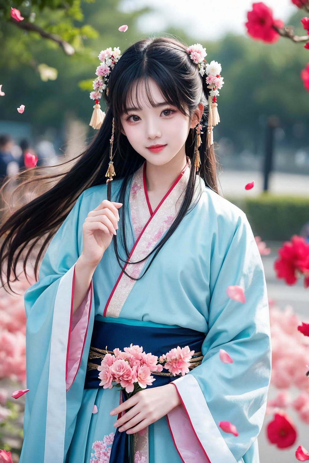 1girl,upper body,hanfu,sidelocks,floating petals.,