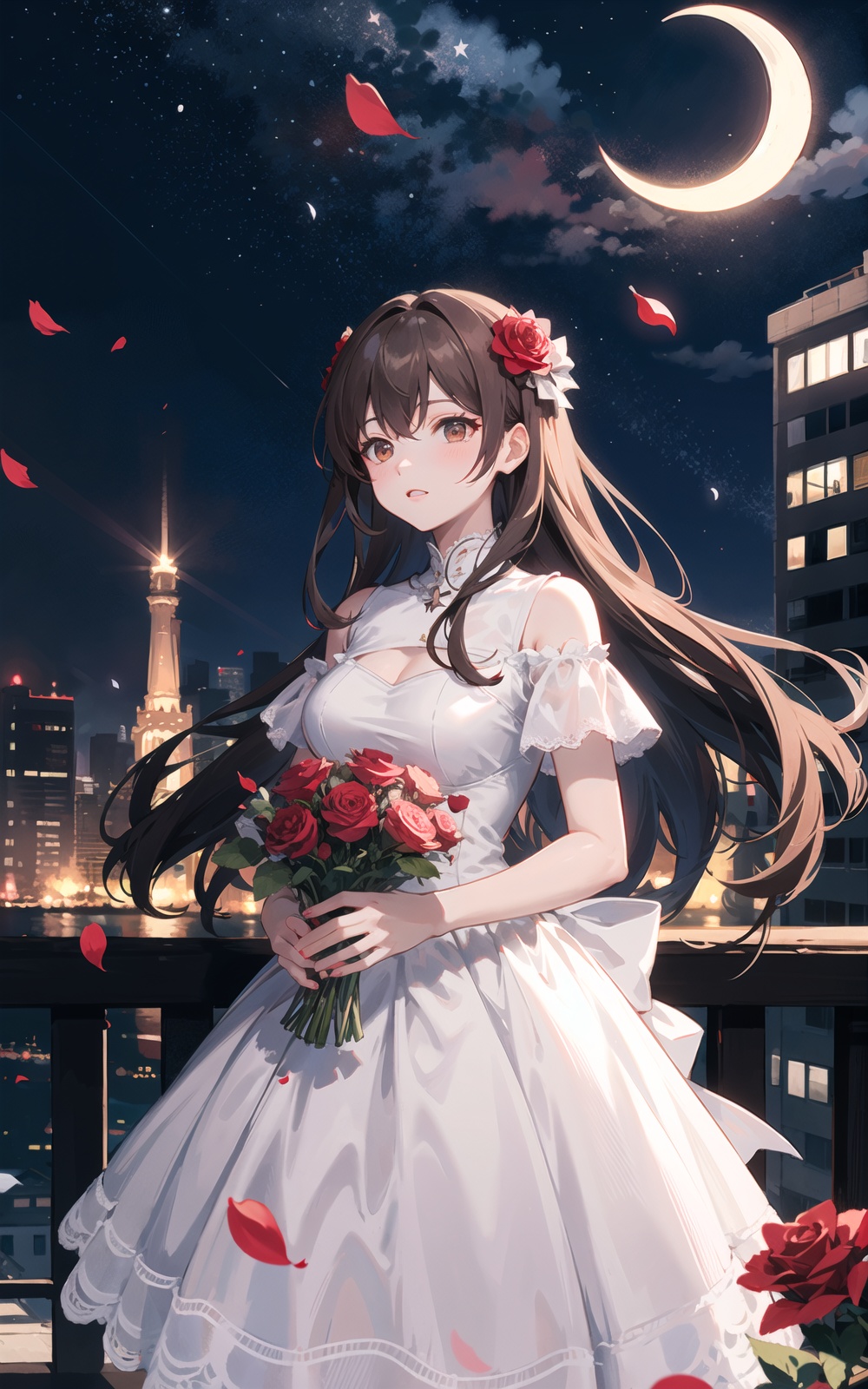 crescent_moon, night, star_\(sky\), starry_sky, 1girl, moon, night_sky, red_flower, rose, dress, red_rose, long_hair, flower, petals, white_dress, sky, brown_hair, building, bow, solo, cityscape