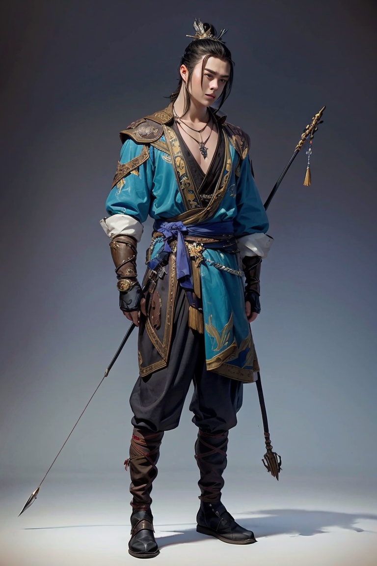 JYGL 1boy arrow \(projectile\) black hair boots bow \(weapon\) full body jewelry male focus necklace solo standing sword weapon,<lora:金庸古龙20240110-1704831963137-0010:0.8>,