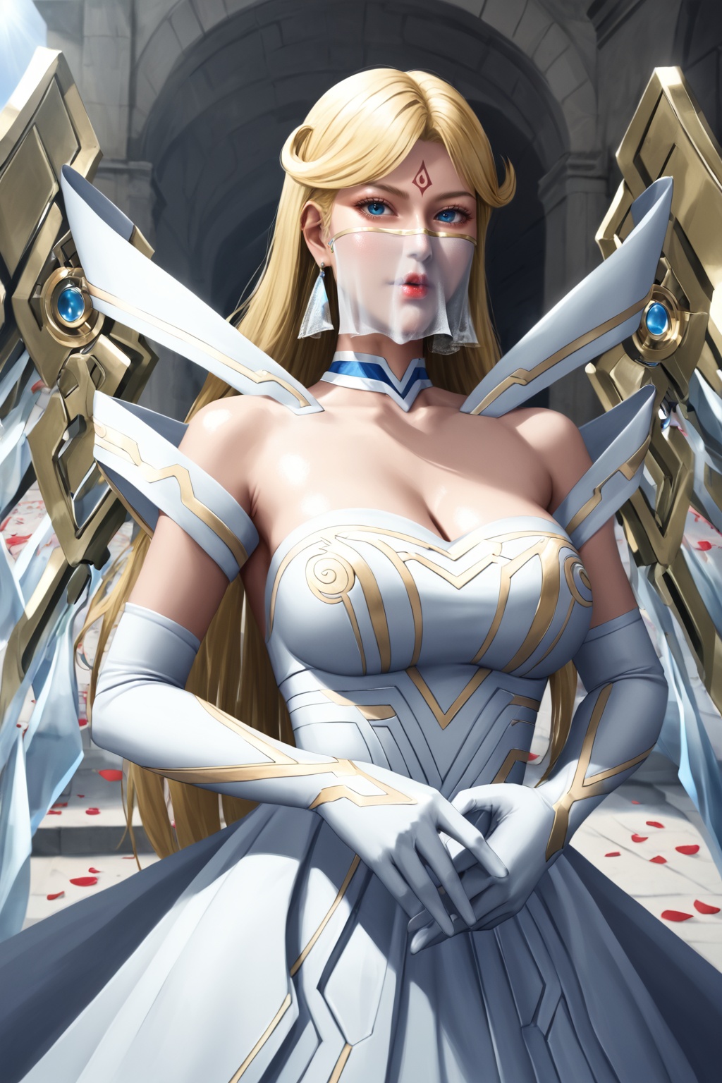 safe_pos,score_9,score_8_up,score_7_up,Xuehuang,1girl,blonde hair,blue eyes,veil,solo,mouth veil,lipstick,red lips,dress,mechanical wings,wings,looking at viewer,white dress,mask,long hair,earrings,bare shoulders,jewelry,gloves,elbow gloves,breasts,forehead mark,(fighting stance:1.5),looking at viewer,(cowboy shot:1.5),nice hands,<lora:pony超兽武装-雪皇:0.8>,huge breasts,cleavage,(highres, high quality:1.3),intricate details,sharp focus,depth of field,outdoors,sunlight,soft focus,bright skin,Holy lighting,white skin,mature female,magnificent architecture,beautiful detailed sky,overexposure,dynamic pose,dynamic angle,<lora:add-detail-xl:0.5>,mature female,curvy,shiny skin,oiled skin,Expressiveh,((ink)),(water color),bloom effect,detailed beautiful grassland with petal,flower,butterfly,petal,(((surrounded by heavy floating petal flow))),