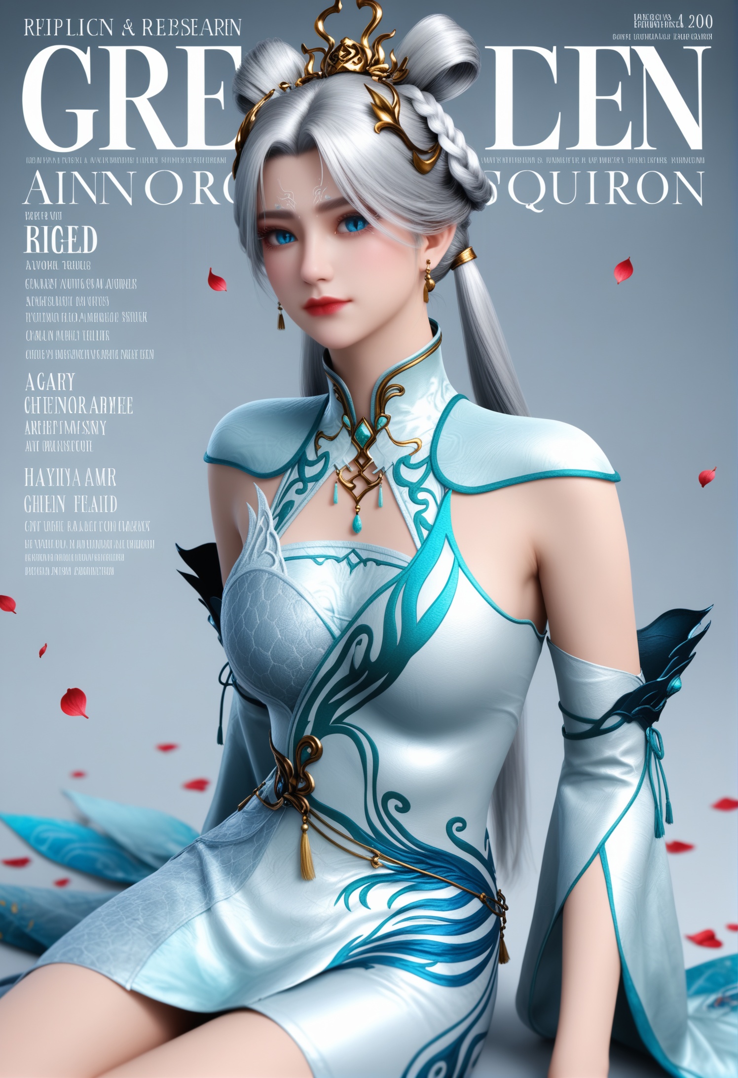 score_9,score_8_up,score_7_up,1girl,solo,(sitting:1.1),full_shot,(magazine cover theme:1.05),(arms_behind_back:1.3),1girl,solo,realistic,dress,chinese clothes,white dress,china dress,long dress,high collar,shoulder cutout,long sleeves,gem,detached sleeves,blue dress,clothing cutout,realistic,jewelry,hair stick,hair ornament,hair rings,braided hair rings,earrings,1girl,solo,realistic,mature face,slender face,shiny_skin,long hair,white hair,grey hair,double bun,hair bun,twintails,low twintails,braid,forehead mark,facial mark,slit pupils,blue eyes,eyelashes,eyeshadow,red lips,closed mouth,realistic,(advertising cover:0.8),grey_background,gradient_background,(white_background:0.9),falling petals,(depth of field:1.2),depth_of_field,(looking at viewer:1.1),<lora:小巳-帝剑剑魂pony:0.85>,