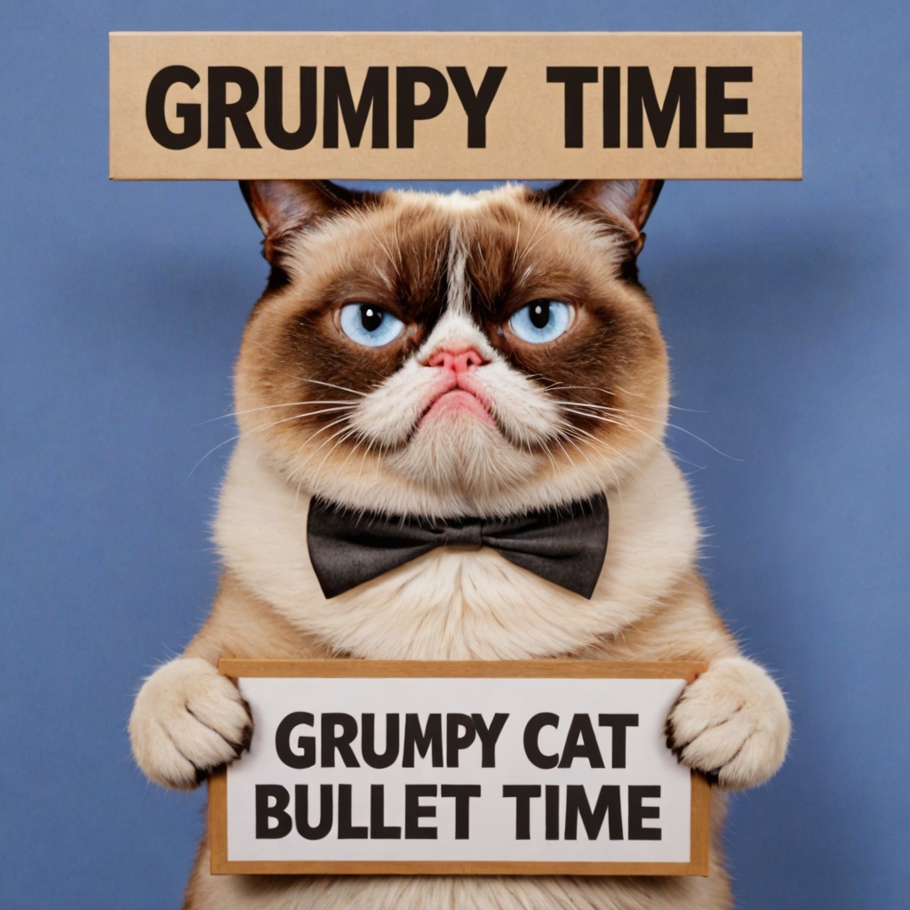 Photo of grumpy cat with a sign saying "grumpy bullet time" on Tensor.Art