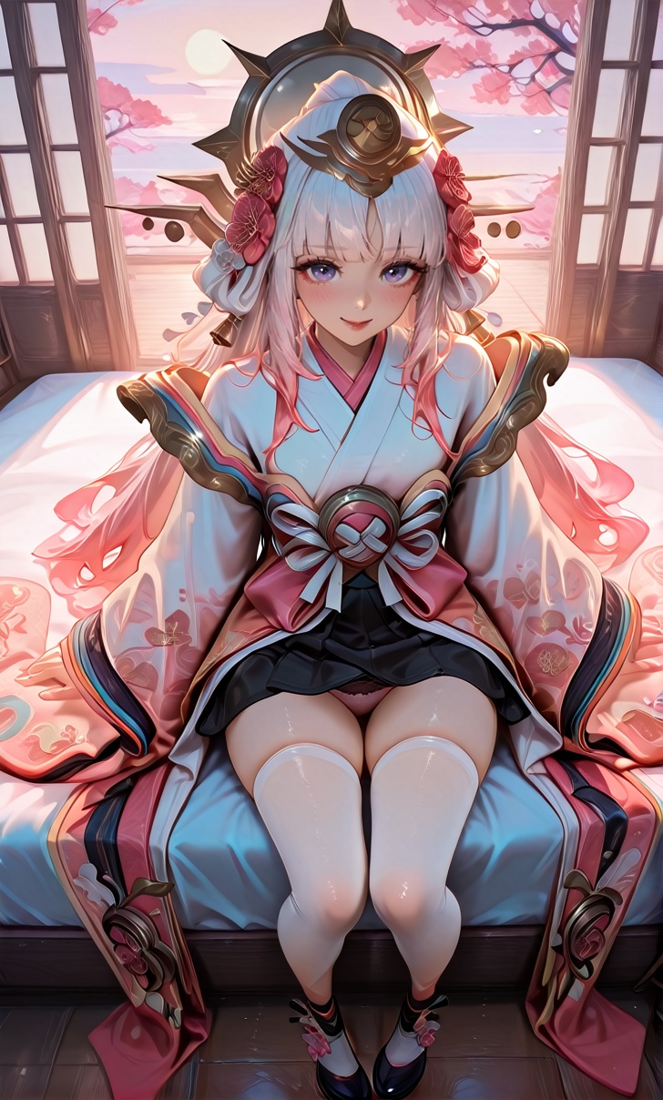 perfect quality,high quality,masterpiece,best quality,amazing quality,very aesthetic,absurdres,Cinematic Lighting,newest,Joyful laughter,cyan background,makeup,portrait,  1girl, hair ornament, long hair, japanese clothes, flower, looking at viewer, pink hair, hair flower, blue eyes, white hair, thighhighs, kimono, skirt, wide sleeves, multicolored hair, bangs, panties, underwear, white thighhighs, black footwear <lora:王者荣耀_-娜可露露-前镜尘_Honor_of_Kings_Nakoruru:0.9>，sitting on bed,on bed,full body, full-face blush, shy,  <lora:MoriiMee_Gothic_Niji_Style_Illustrious_r1:0.5> cowboy shot,  <lora:20231228-1703714978047:0.5>  <lora:鸣人:0.2> <lora:20250328-1743156835401:0.5>,long legs, <lora:illustrious_nai3_v2:0.8>from above, looking at viewer, seductive smile, victory pose, 
