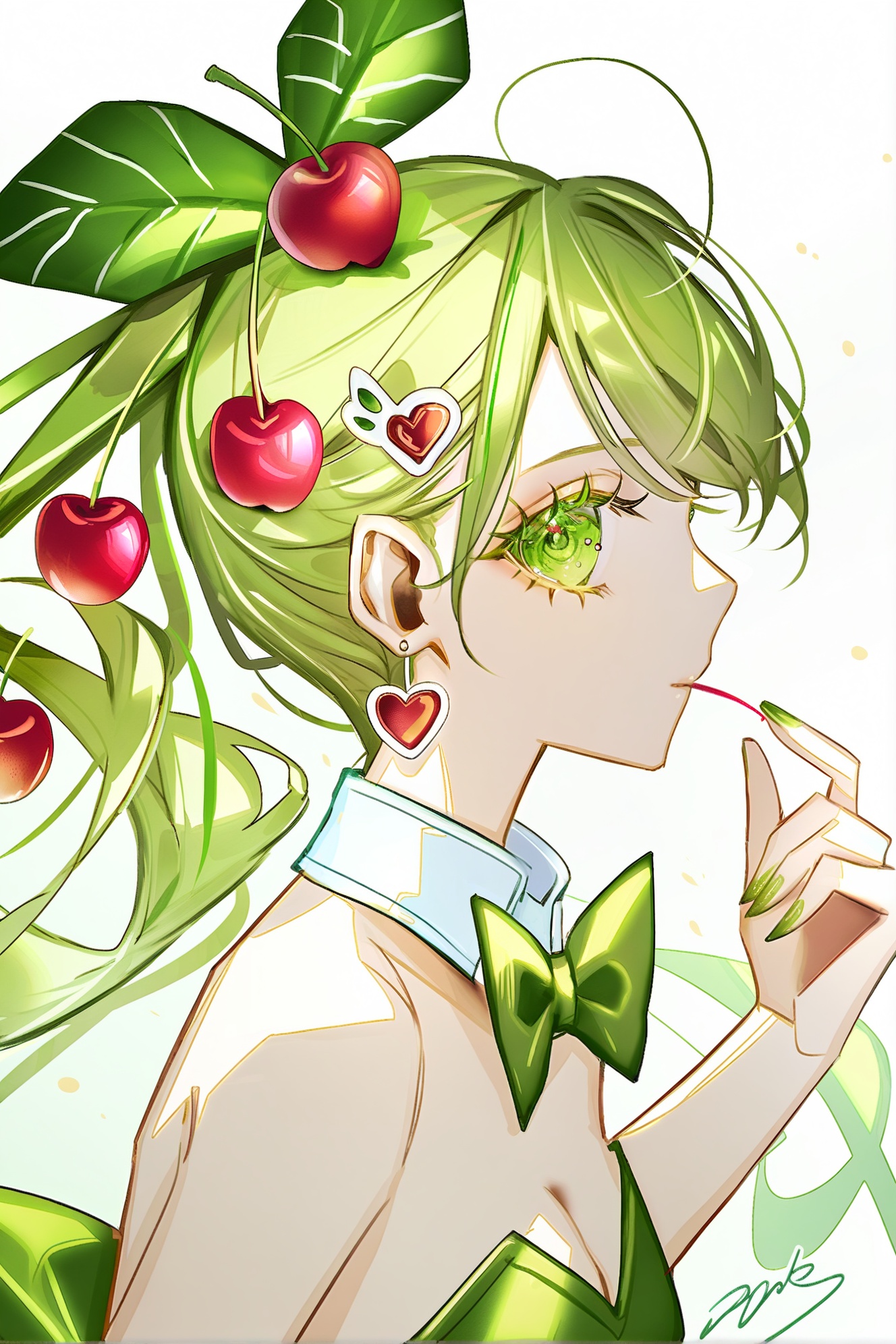 1girl,solo,green bowtie,food,green eyes,green bow,cherry,fruit,bow,breasts,long hair,green nails,hair ornament,looking at viewer,food-themed hair ornament,bowtie,eyelashes,dress,white background,jewelry,earrings,cleavage,cherry hair ornament,bare shoulders,strapless,from side,upper body,nail polish,simple background,signature,