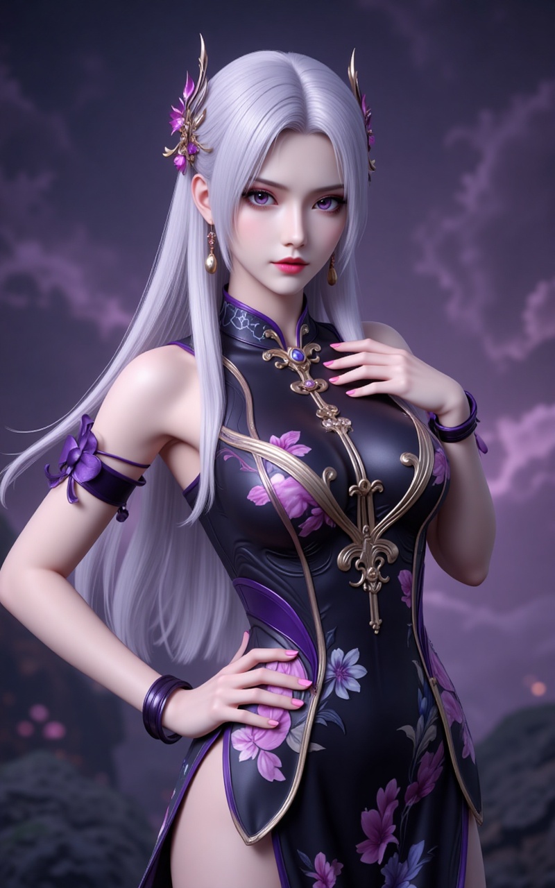 xiaoyixian,lvjing,white hair,long hair,purple eyes,jewelry,hair_ornament,1girl,dress,jewelry,earrings,china dress,chinese clothes,blurry background,blurry,breasts,solo,looking at viewer,hand on own hip,floral print,sleeveless,black dress,sleeveless dress,bracelet,parted lips,bare shoulders,side slit,cowboy shot,holding,cover,simple background,gradient_background,Close-up details,outstanding style,adding a touch of dimension to your images without compromising details,close-up,