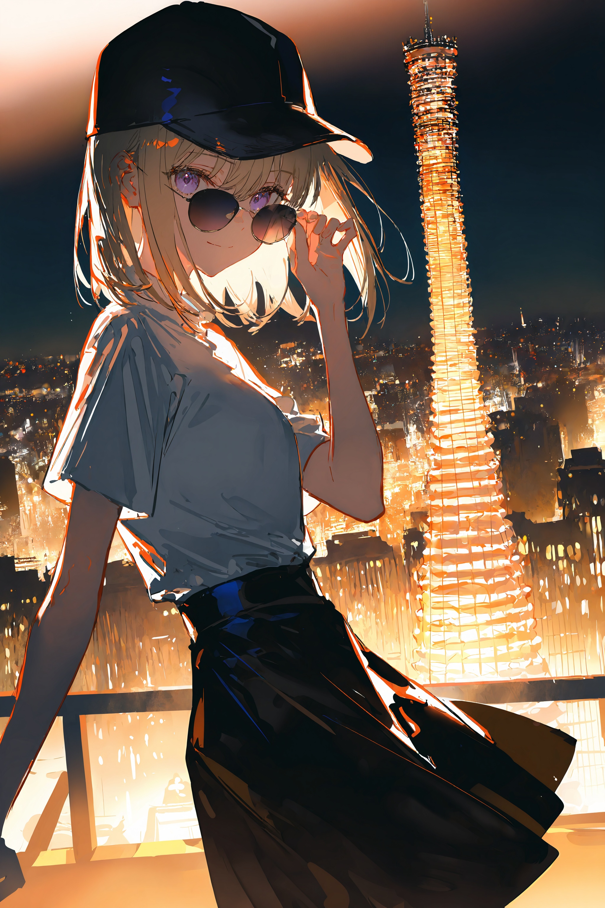 [[artist:rella]],masterpiece,best quality,amazing quality,highres,absurdres,newest,very aesthetic,extreme aesthetic,very awa,incredibly absurdres,petite,Misumi Uika,1girl,solo,hat,shirt,skirt,looking at viewer,white shirt,blonde hair,sunglasses,purple eyes,short sleeves,looking over eyewear,outdoors,baseball cap,night,shirt tucked in,black headwear,adjusting eyewear,closed mouth,smile,medium hair,**towering skyscrapers,dense cityscape,vibrant city lights,detailed night view,illuminated architecture**,Oriental Pearl Tower,sky,from side,short hair,<lora:painting_style-000218:0.8>,