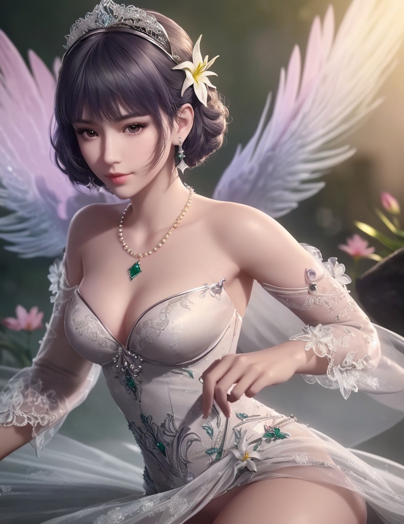 ultra realistic 8k cg, picture-perfect face, flawless, clean, masterpiece, professional artwork, famous artwork, cinematic lighting, cinematic bloom, perfect face, beautiful face, fantasy, dreamlike, unreal, science fiction,   lace, lace trim, lace-trimmed legwear,  (rich:1.4), prestige, luxury, jewelry, diamond, gold, pearl, gem, sapphire, ruby, emerald, intricate detail, delicate pattern, charming, alluring, seductive, erotic, enchanting, hair ornament, necklace, earrings, bracelet, armlet,halo((,1girl, pov,))  ((, 1girl, solo, star_\(symbol\),lily \(flower\),hair flower, dress, jewelry))<lora:DA_BaiChenXiang:0.6>