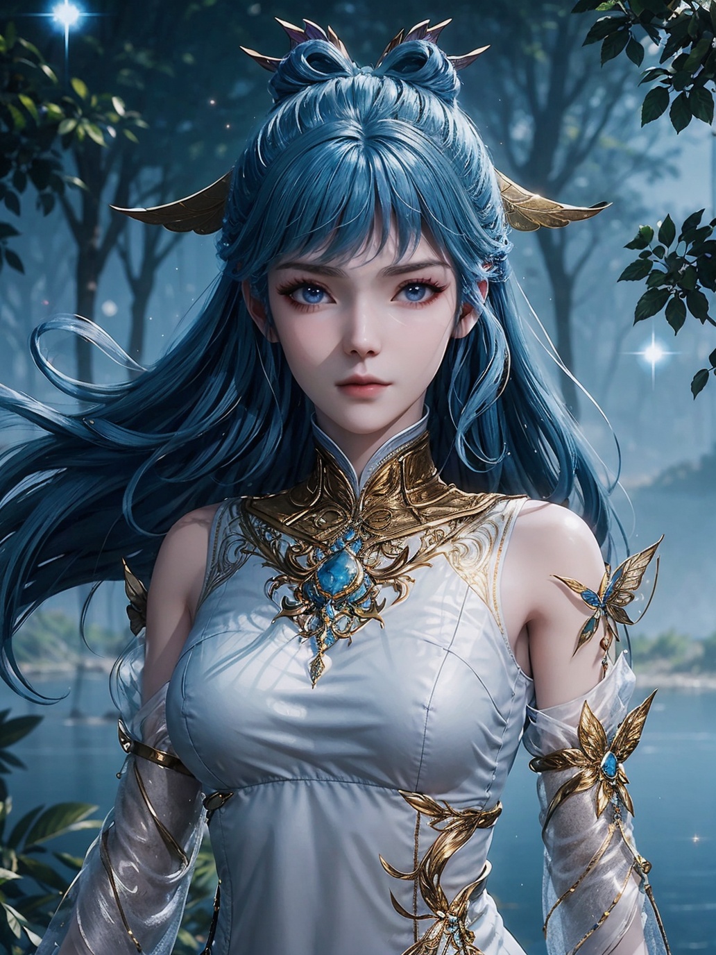 <lora:lora:0.85>,wangdong,1girl,solo,closed mouth,blue hair,hair rings,(hair ornament),jewelry,detached sleeves,white high collar dress,(looking at viewer),outdoors,glowing,light particles,sparkle,nature,lake,fantasy,blue background,portrait,