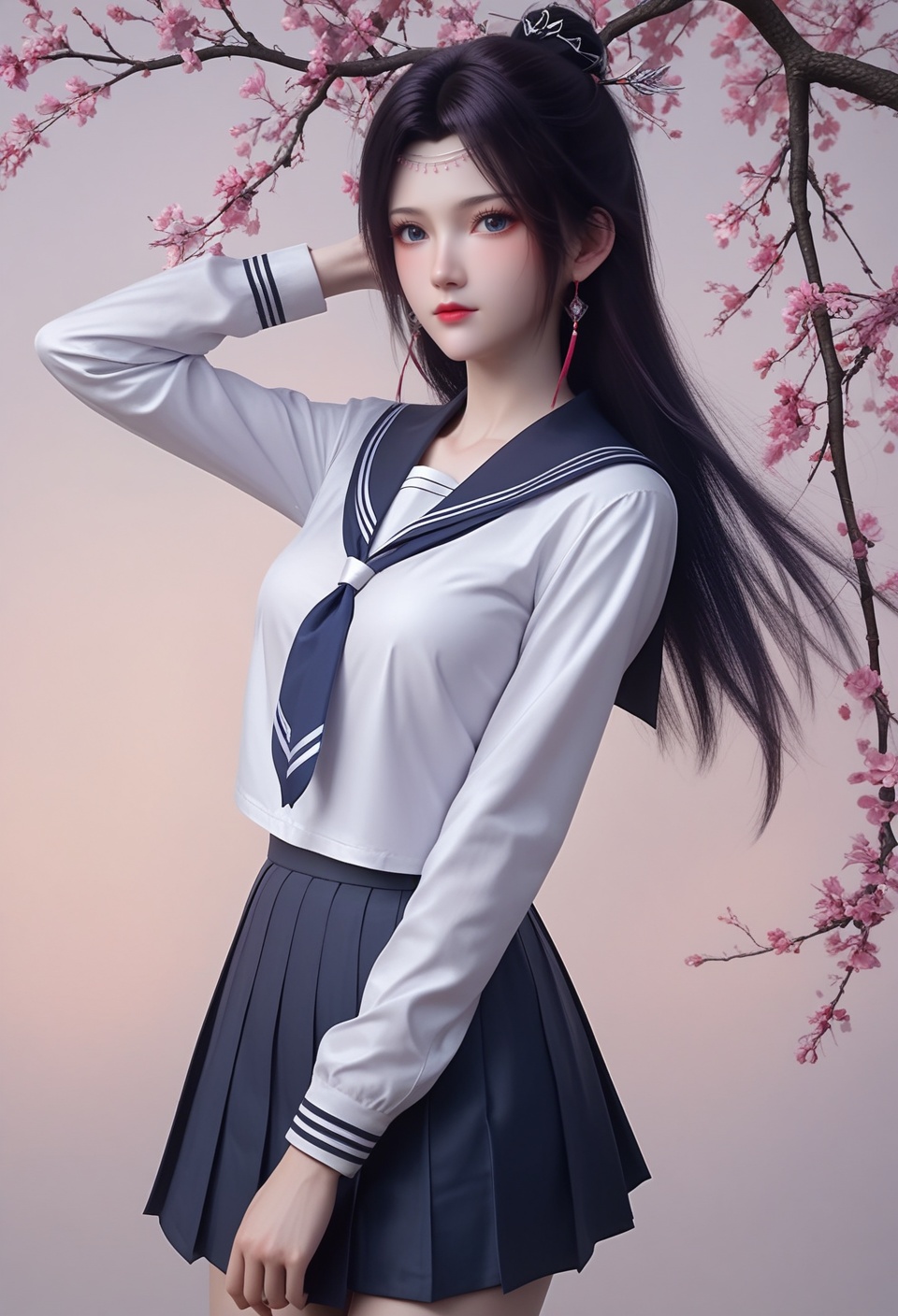 score_9,score_8_up,score_7_up,china nm,1girl,solo,high quality,branch,school uniform,looking at viewer,blush,dynamic pose,sedimentary layer contras,<lora:29斗破苍穹云韵白衣:0.8>,