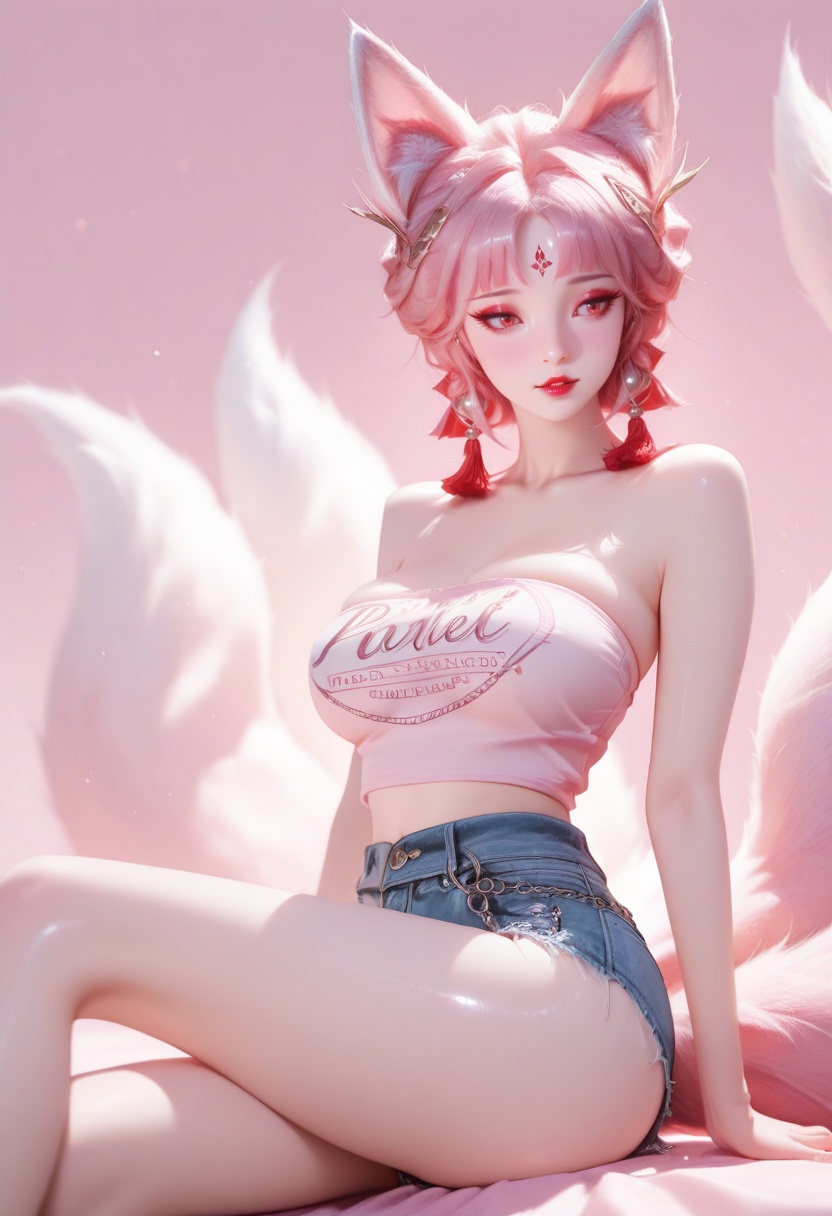 masterpiece,best_quality,amazing quality,very aesthetic,volumetric lighting,absurdres,photorealistic,vibrant,depth of field,cute painting style,shiny_skin,knee_blush,newest,perfect body,detailled body,breastsapart,wide hips,large ass,curvy body,voluptuous body,hourglass_body,narrow waist,slim waist,thin legs,long_legs,bubble butt,slender body,red lips,1girl,solo,young woman,pale skin,fair skin,velvet skin,bright red lips,skindentation,sitting sideways,dark_pink background wall,Violet Ombre background,simple_background,front view,large breasts,open mouth,<lora:指针微调:1>,<lora:995sk outfit IL V6:1>,outfit 1,tube top,denim shorts,hip chain,BREAK<lora:jiuwei-000001:1>,hair ornament,pink hair,makeup,Short hair,fox ears,forehead mark,eyeshadow,closed mouth,red eyes,eyelashes,Eyebrow embellishment,Double braid,multiple tails,