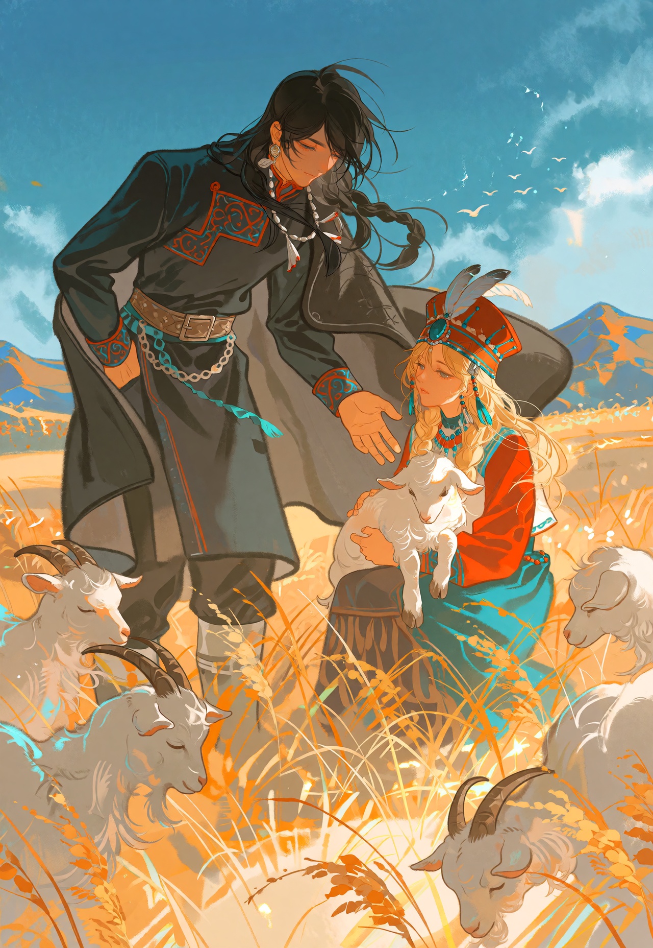 Radiant fantasy illustration set across a sun-drenched steppe,  rendered in a warm,  painterly palette of golden wheat on...