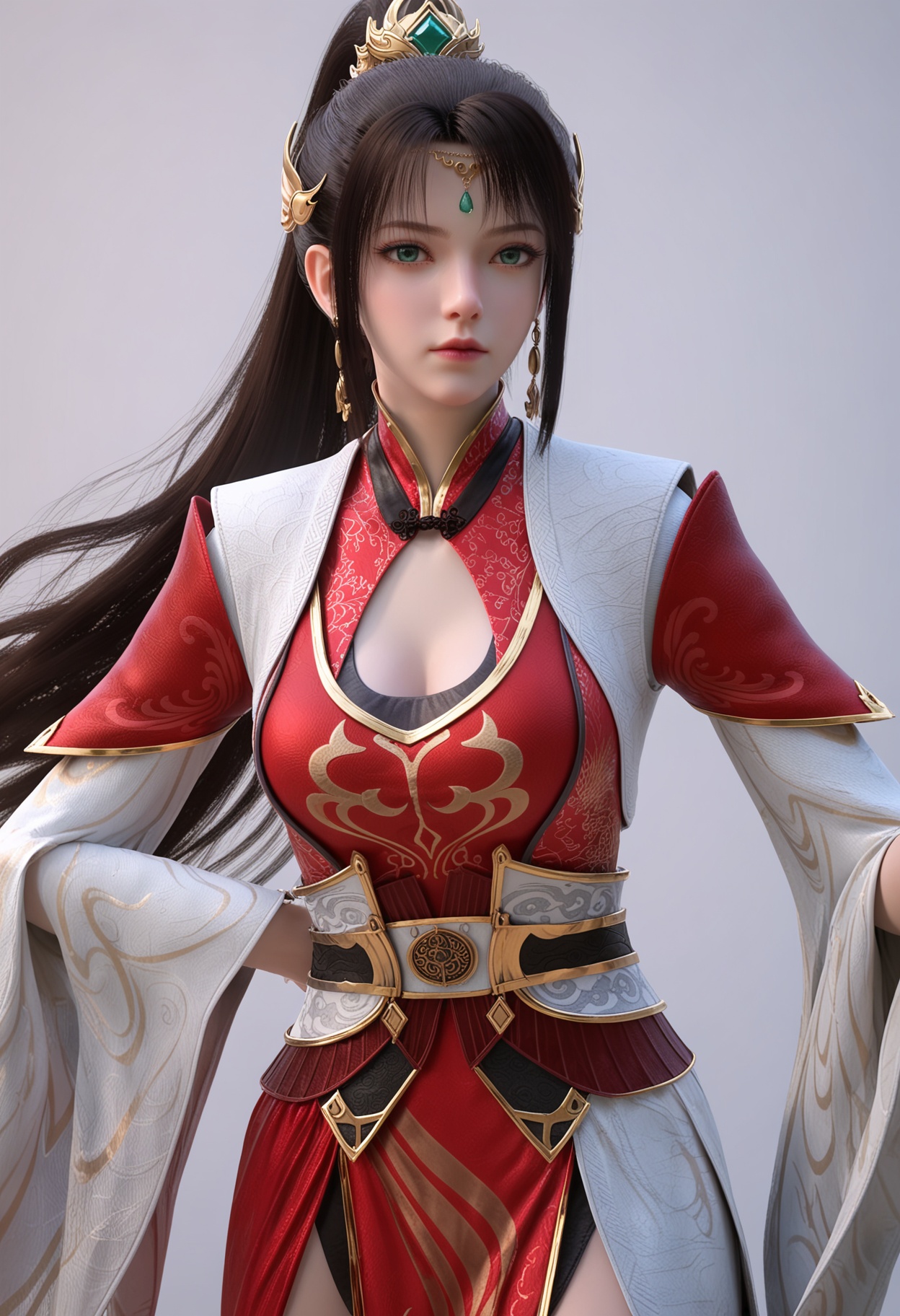 score_9,high detail,best quality,cinematic lighting,volumetric lighting,shiny skin,shiny,nanmingyushu,1girl,solo,green eyes,black hair,hair ornament,white background,jewelry,long hair,dress,simple background,ponytail,closed mouth,red dress,realistic,earrings,chinese clothes,clothing cutout,cleavage cutout,forehead jewel,breasts,expressionless,looking at viewer,thighs,<lora:Pony_DetailV2.0:0.8>,<lora:皮肤凹痕:0.1>,<lora:QQSponynanmingyushuV1:0.8>,