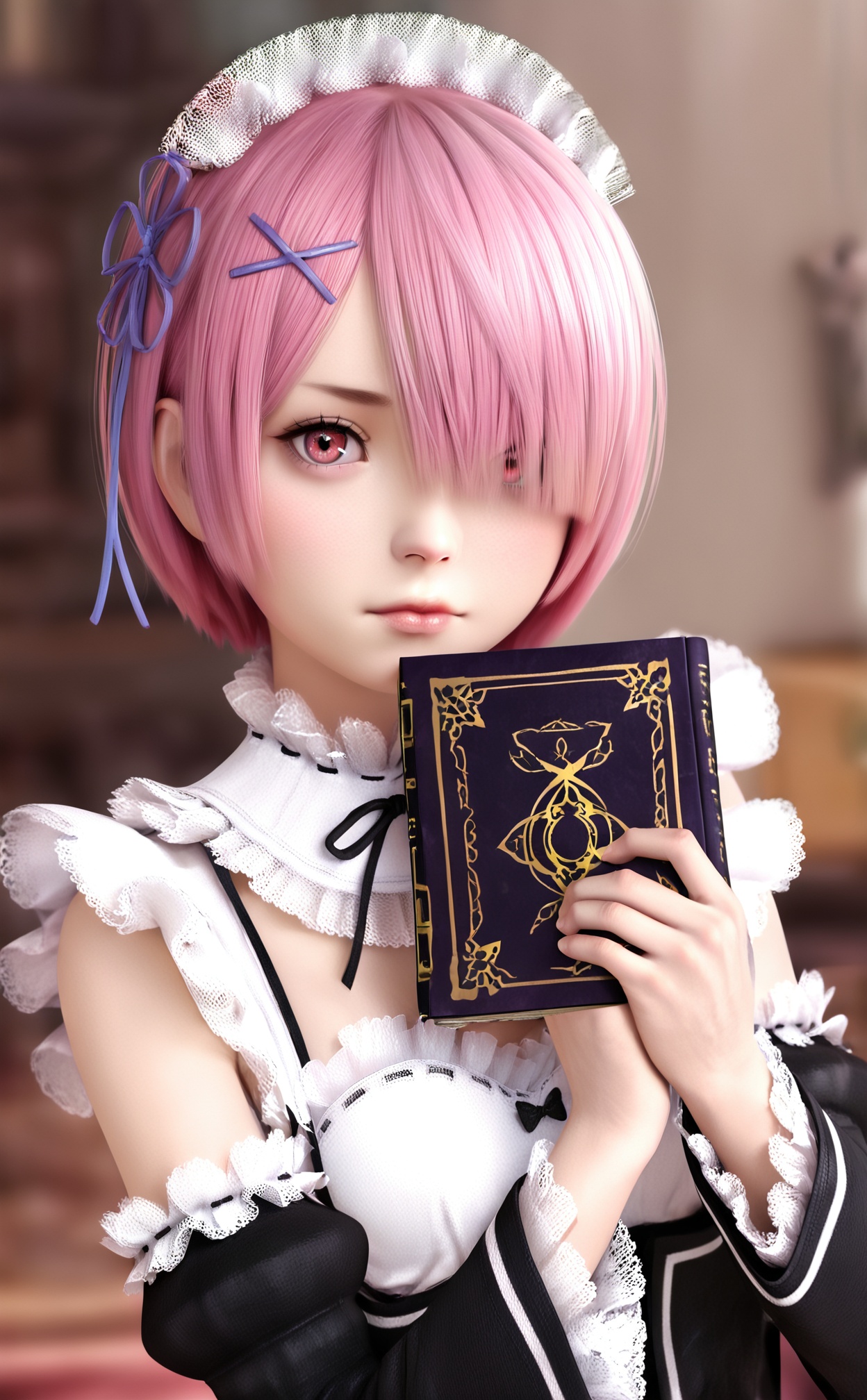 masterpiece,highres,newest,best quality,high quality,loli,petite,chromatic_aberration,//,loli,1girl,solo,pink hair,roswaal mansion maid uniform,short hair,ram (re:zero),maid,detached sleeves,hair over one eye,hair ornament,book,holding,looking at viewer,x hair ornament,ribbon,realistic,blurry,maid headdress,holding book,wide sleeves,blurry background,ribbon trim,lips,dress,frills,black ribbon,indoors,ribbon-trimmed sleeves,frilled sleeves,depth of field,lace-trimmed sleeves,hair ribbon,upper body,black dress,neck ribbon,long sleeves,apron,closed mouth,lace trim,blue ribbon,detached collar,pink eyes,nose,ribbon-trimmed clothes,red eyes,//,year_2023,year_2024,//,