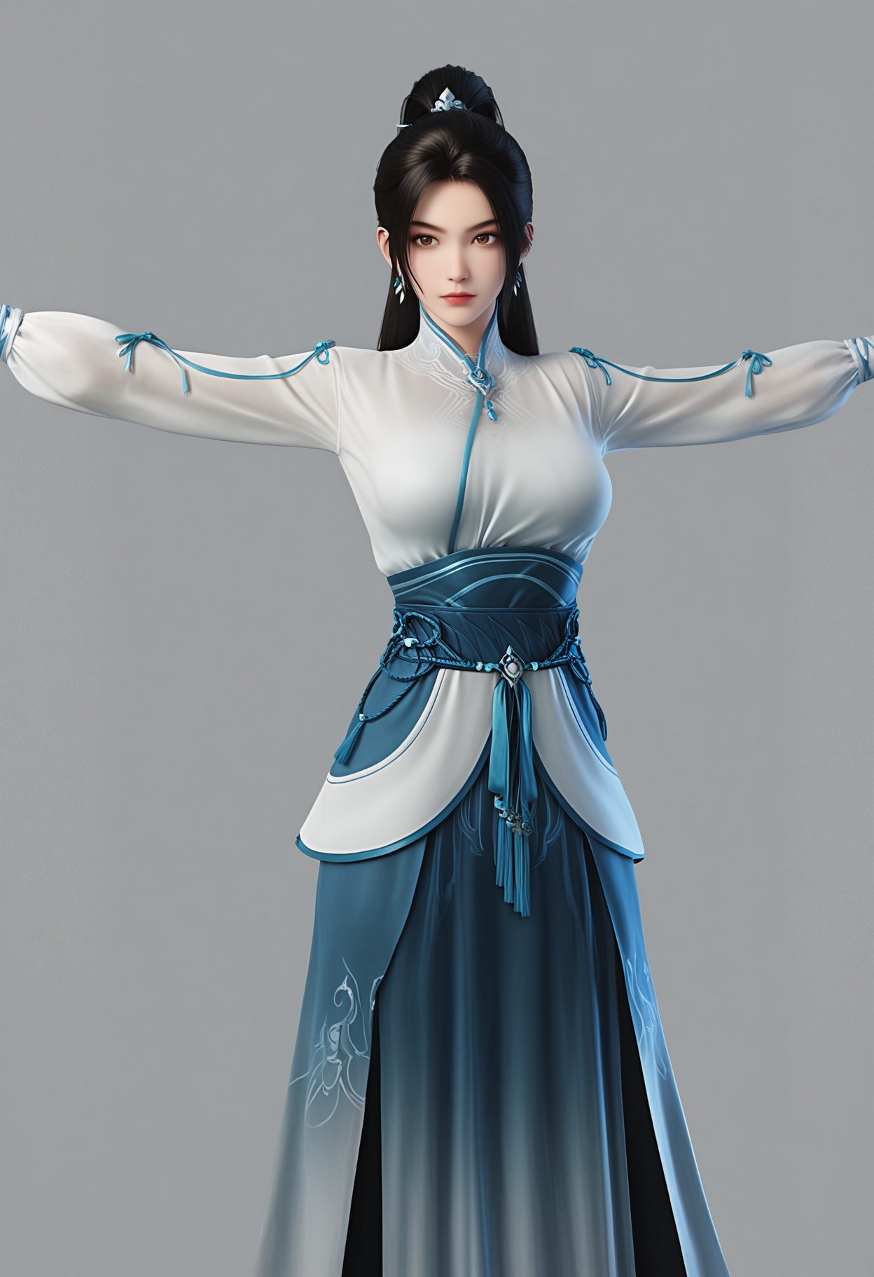 (score_9),masterpiece,best quality,absurdres,highres,BREAKwhite_skin,(fair_skin:1.1),<lora:宁姚-ill:0.83>,ningyao,1girl,solo,long hair,black hair,ponytail,jewelry,earrings,brown eyes,chinese clothes,sash,collarbone,(large breasts),puffy chest,looking at viewer,(stretch:1.1),front view,standing,BREAKsimple background,Tyndall effect,Cinematic Lighting,Volumetric Lighting,