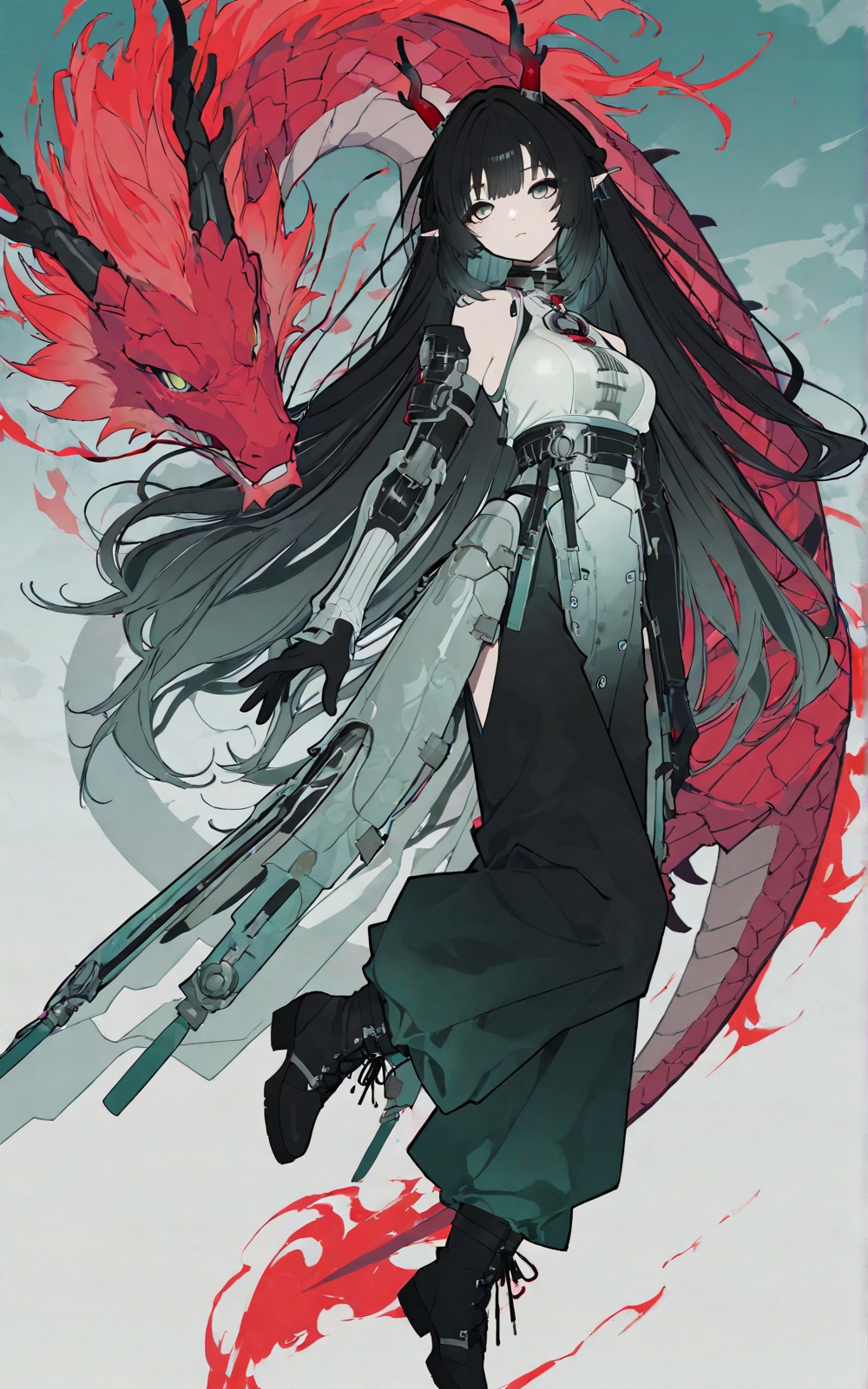 red dragon horns,  long black hair (turquoise gradient),  green eyes on Tensor.Art