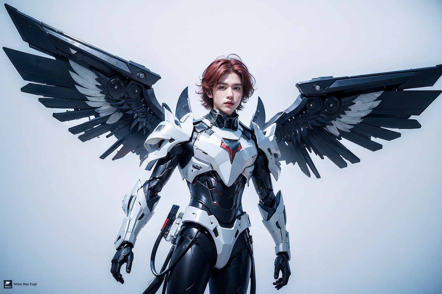 1boy,concept artwork,red hair,(a lonely solo boy:1.4),sky,wing,sitting on the ground,wings with fans,graphics card fan,strong male mecha warrior,mighty and domineering,cool mecha,32k,blue and white color scheme,white armor,<lora:atai_20240121203524-000008:0.7>,white_background,standing,cowboy_shot,