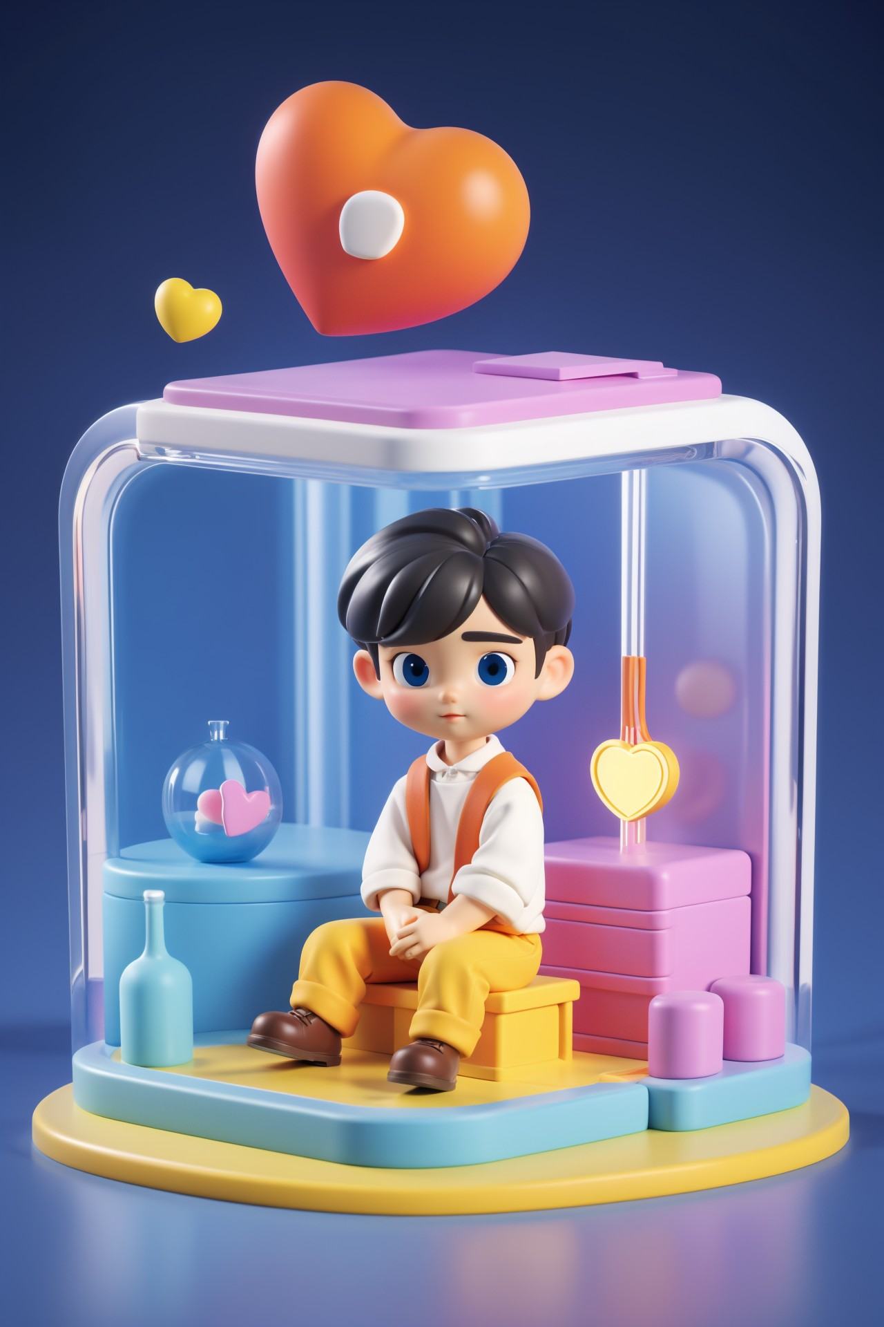 3d style,q version cute，there is a small doll that is sitting in a glass case,solo,blue eyes,1boy,male focus,heart,gradient,gradient background,no humans,