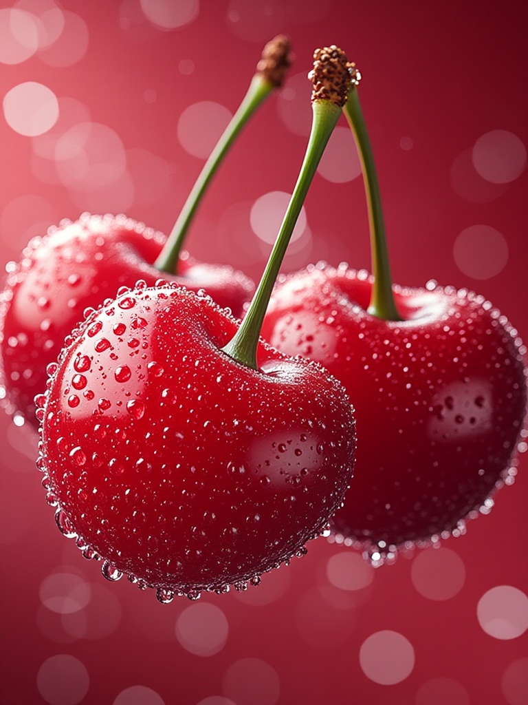miluo_sgjh,Fruits,water splashes,Photo of three red cherries with water droplets on their surfaces, set against a soft, blurred red background with bokeh lights. The cherries are arranged in a triangular formation, with one in the center and two on either side. The texture of the cherries is smooth and glossy, with small droplets of water glistening on their surface. The lighting is soft and warm, highlighting the vibrant red color of the fruit. The overall effect is one of freshness and beauty.,<lora:miluo丨秀色可餐爆汁水果:1>
