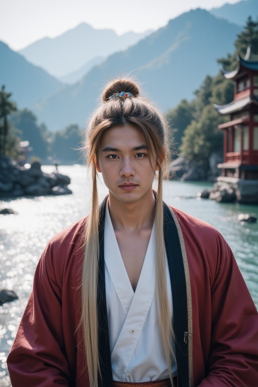 <lora:20250110_AgainCharacters_Flux:1>, 1boy, male focus, solo, hair ornament, chinese clothes, blonde hair, hair bun, long hair, mountain, outdoors, water, looking at viewer