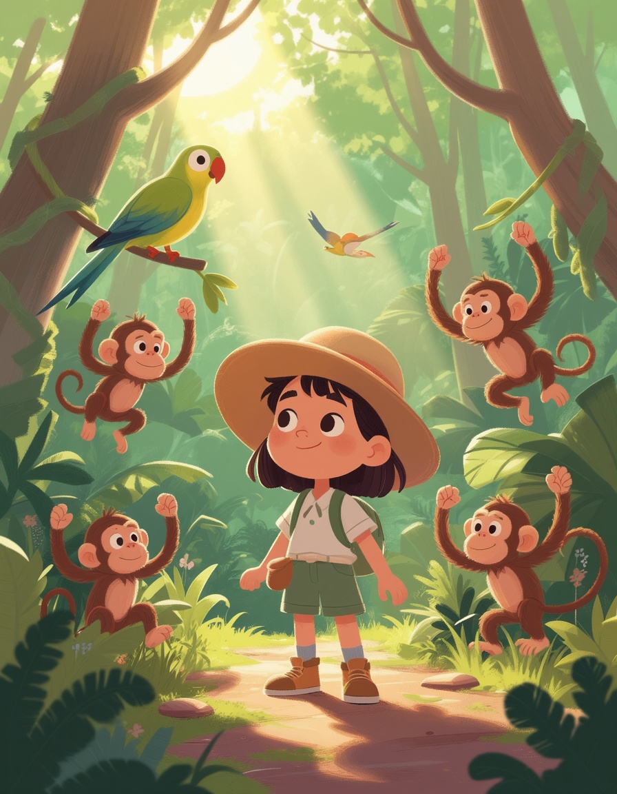 "Digital art painting,  vibrant and playful style,  a young explorer girl in a wide-brimmed hat standing on a jungle path...
