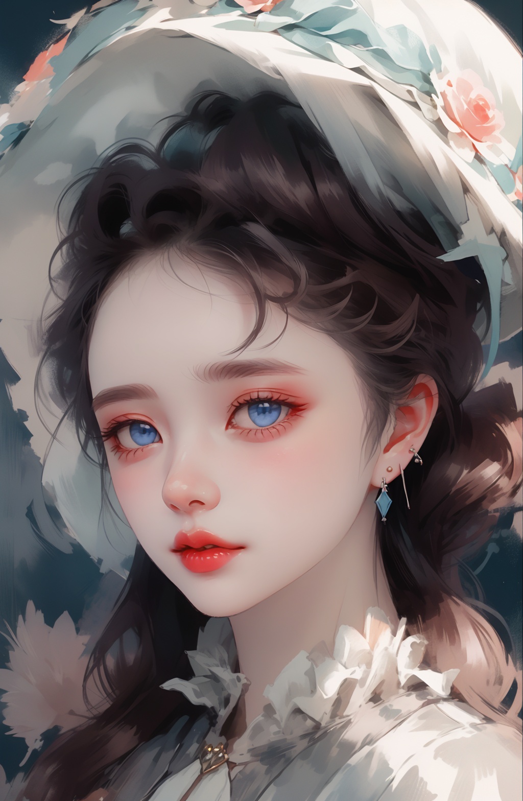 1girl, solo, red lips, earrings, jewelry, hat, blue eyes, looking at viewer, makeup, lipstick, brown hair,<lora:Victoria_维多利亚:1>,