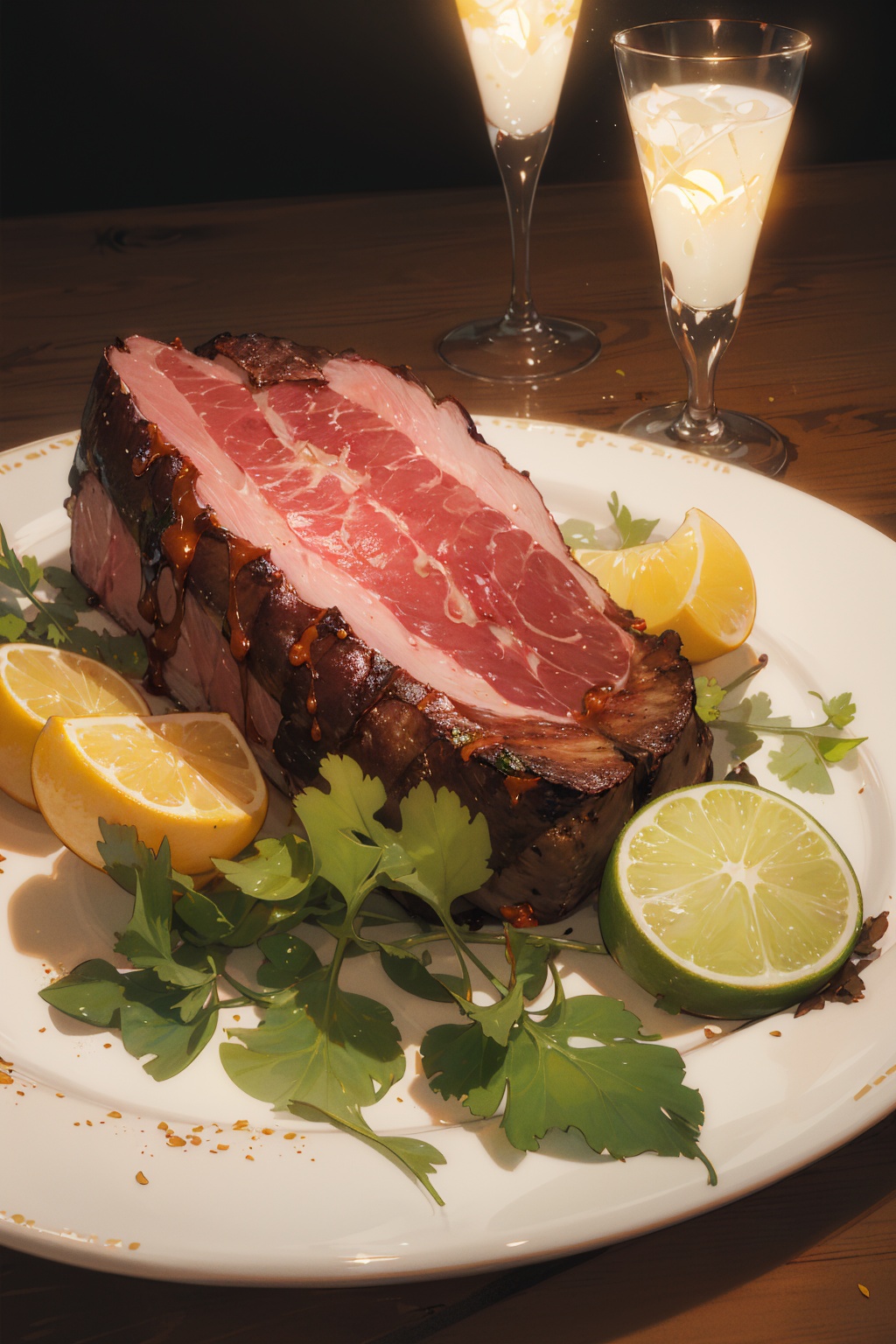 masterpiece,best quality,(ray tracing,cinematic lighting),realistic,close-up,still life,no humans,food,meat,leaf,vegetable,plate