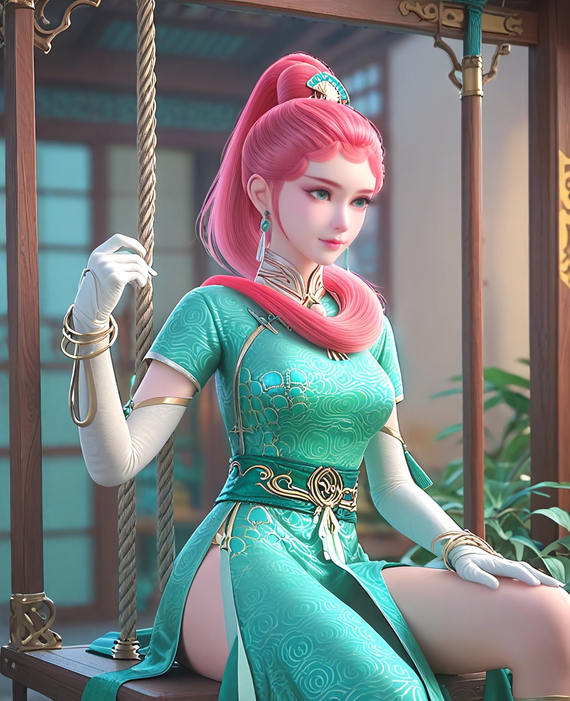 (oriental architecture, elegant decor, sophisticated style:1.1),(Sitting on a swing with a smile,:1.1),(breasts:1.2),<lora:XL妖神记龙羽音:0.95>,miss longyuyin,green chinese clothes,jewelry,pink hair,ponytail,white gloves,elbow gloves,sash,makeup,green eyes,tassel,bracelet,right side slit,eyelashes,, score_9,score_8_up,score_7_up,score_6_up,score_5_up,score_4_up,3d rendering,tag1,tag2, Cinematic Lighting,backlighting,