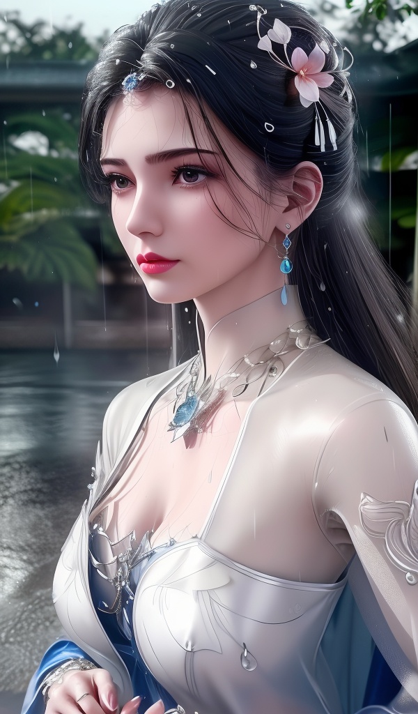 <lora:607-DA-仙逆-李慕婉-**:0.8>(,1girl, ,best quality, ),looking at viewer, ,ultra detailed 8k cg, ultra detailed background,  ultra realistic 8k cg,          cinematic lighting, cinematic bloom, (( , )),,  , unreal, science fiction,  luxury, jewelry, diamond, pearl, gem, sapphire, ruby, emerald, intricate detail, delicate pattern, charming, alluring, seductive, erotic, enchanting, hair ornament, necklace, earrings, bracelet, armlet,halo,masterpiece, (( , )),, realistic,science fiction,mole, ,cherry blossoms,(((, , ultra high res, (photorealistic:1.4), raw photo, 1girl, wet clothes, rain, sweat, ,wet, )))(( , ))   (cleavage), (),