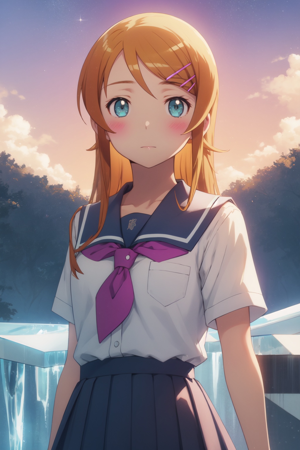 <lora:Kirino-000005:0.8>,Kirino cyql,1girl,looking at viewer,solo,long hair,orange hair,hairclip,hair ornament,aqua eyes,blush,school uniform,skirt,kousaka kirino's school uniform,Skeptical, Raised eyebrows and a slightly pursed mouth.,upper_body,beautiful face,beautiful eyes,glossy skin,shiny skin,Glacier, Peaks, Mountains, Ice, Blue, Crevasse, Serenity, Wilderness,(Cottage garden flowers, Herbaceous borders, Cottage charm, Summer blooms, English countryside, Bees buzzing:0.6),beautiful detailed sky,beautiful detailed glow,posing in front of a colorful and dynamic background,masterpiece,best quality,beautiful and aesthetic,contrapposto,female focus,wallpaper,fashion,
