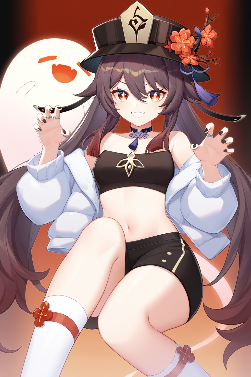 1girl, hu_tao_\(genshin_impact\), boo_tao_\(genshin_impact\), smile, shorts, crop_top, looking_at_viewer, brown_hair, midriff, long_hair, black_shorts, black_nails, solo, choker, navel, black_headwear, flower, long_sleeves, shirt, grin, socks, thighs, symbol-shaped_pupils, hat, red_eyes, stomach, jacket, black_shirt, flower-shaped_pupils, white_socks, ring, jewelry, open_clothes, claw_pose, short_shorts, open_jacket, off_shoulder, sleeveless_shirt, multiple_rings, black_choker, ghost, twintails, sleeveless, plum_blossoms, nail_polish, bare_shoulders, very_long_hair, hands_up, white_jacket
