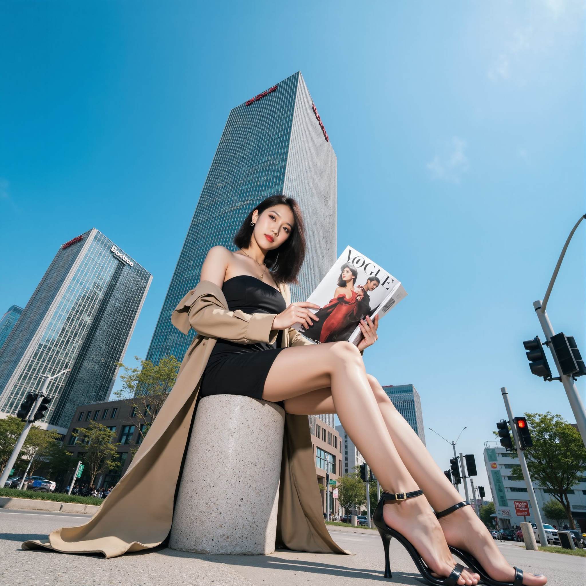 first-person perspective,This is a high-resolution photograph taken in a modern urban setting, featuring a young East Asian woman with a slim, athletic physique. She is seated on a low stone pillar in front of a towering glass skyscraper with a bright blue sky as the backdrop. The woman has straight, shoulder-length black hair and a fair complexion. She is dressed in a black strapless mini dress that accentuates her slender figure, paired with a beige trench coat draped over her shoulders. She wears black high-heeled sandals with ankle straps, adding a touch of sophistication to her look. Her outfit is stylish and modern, with a hint of elegance. In her hands, she holds a glossy magazine open to a fashion spread featuring a model in a red dress, with the word "Vogue" visible in the top corner. The image captures a confident and poised pose, with the woman leaning back slightly and gazing directly at the camera with a serene expression. The background includes other buildings, street signs, and a few pedestrians, contributing to the vibrant and cosmopolitan atmosphere of the city. <lora:特色镜头FLUX:0.8>