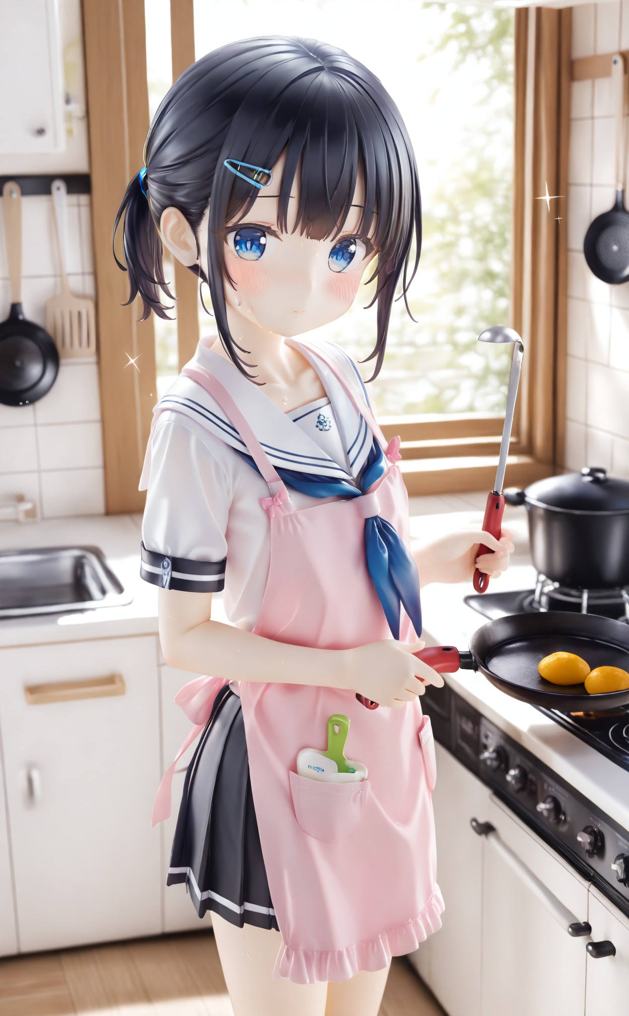 masterpiece,loli,1girl,frying pan,kitchen,stove,solo,holding frying pan,skirt,indoors,white sailor collar,school uniform,ladle,holding,pleated skirt,sailor collar,hair ornament,apron,pink apron,blue eyes,looking at viewer,black hair,holding ladle,hairclip,serafuku,sidelocks,blush,ponytail,black skirt,cooking,closed mouth,spatula,shirt,white shirt,cowboy shot,sparkle,window,short sleeves,neckerchief,blue neckerchief,standing,collarbone,short ponytail,short hair,sweat,cooking pot,<lora:pvc3——【Illustrious】hans:0.8>,