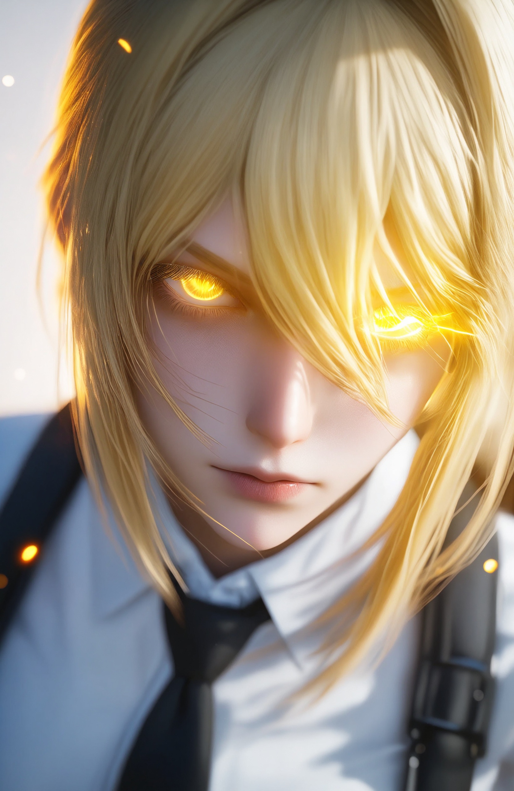 This is a highly detailed, digital CGI portrait of a young woman with a realistic, almost hyper-realistic style. She has fair skin and long, blonde hair that falls around her face, partially covering her right eye. Her eyes are strikingly glowing with a bright, orange-yellow color, giving her an intense and somewhat mysterious look. Her expression is serious and slightly melancholic. She is wearing a formal black and white outfit, including a black tie and a white shirt collar. The background is dark and blurred, with some light particles or embers floating around, adding a sense of depth and atmosphere. The lighting is soft but directional, highlighting her face and eyes while casting gentle shadows. Her hair has a slight wind-swept effect, adding a dynamic element to the portrait. The overall composition focuses on her face, with a close-up shot that emphasizes her glowing eyes and serious expression. The texture of her skin and hair is highly detailed, showing individual strands and subtle skin imperfections, which adds to the realism of the image. The use of light and shadow, along with the glowing eyes, creates a dramatic and somewhat ethereal effect.