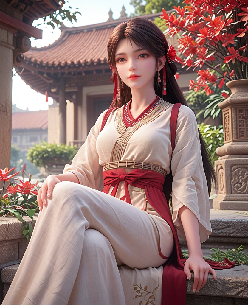 (oriental architecture, elegant decor, sophisticated style:1.1),crossing ankles,(breasts:1.2),<lora:XL完美世界火灵儿火桑女:0.8>,miss huosangnv,solo,cambric dress,brown sash,red fart curtain,red straps,brown eyes,black hair,long hair,hair flower,earrings,earlock,lips,hair ribbon,wide sleeves,, zPDXL2, score_9, score_8_up, score_7_up BREAK realistic, masterpiece,best quality, highly detailed,, zPDXL3, zPDXL2,zPDXL, zPDXLxxx, zPDXLrl,