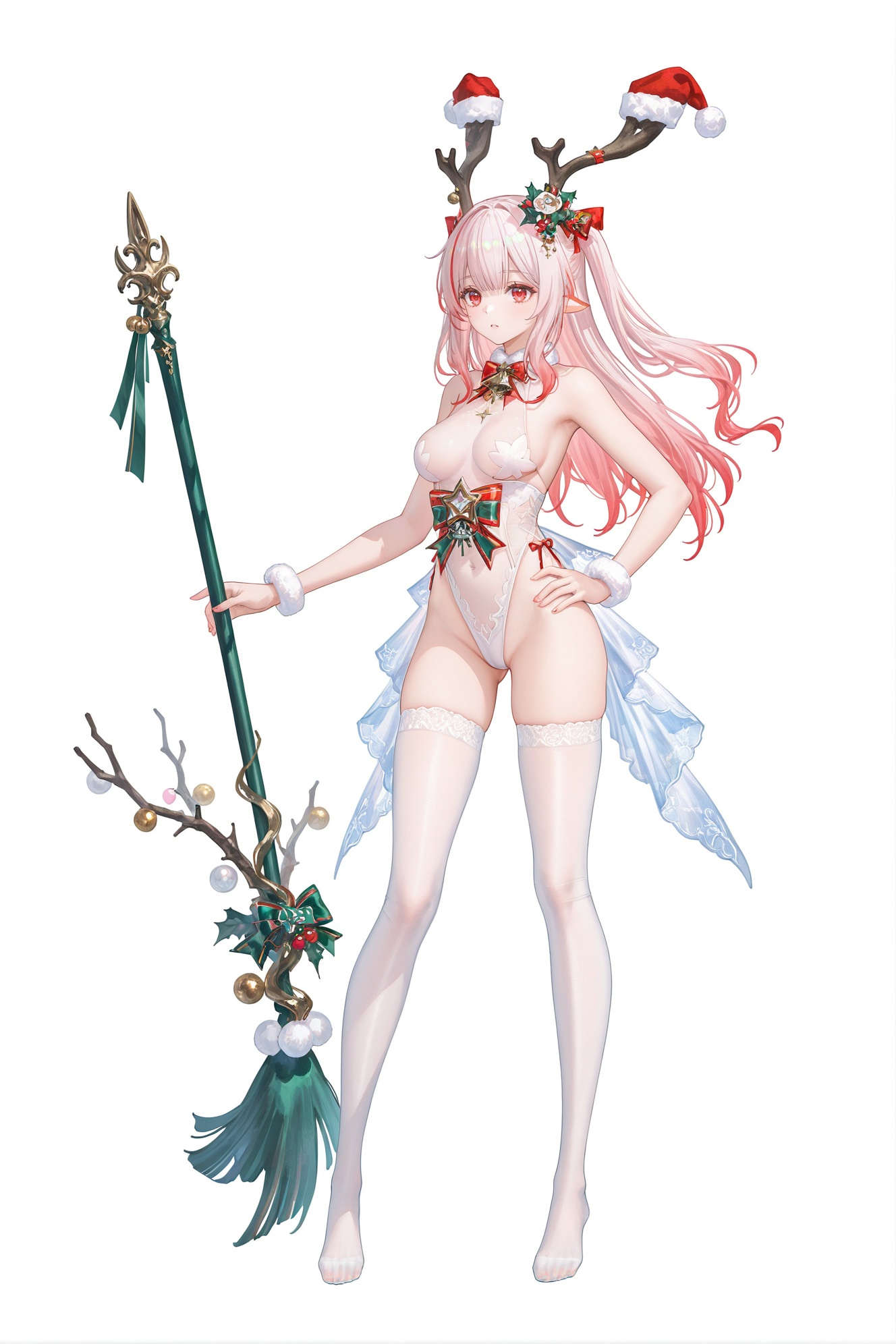 8k,best quality,masterpiece,(ultra-detailed),(high detailed skin),((artist:reoen),(artist:fuzichoco),(artist:atdan),(artist:torino_aqua),year 2024:0.8)1girl,[artist:wlop],[artist:ningen_mame],artist:ciloranko,[[artist:rhasta]],artist:tidsean,colorful,full body,full shot,standing,(solo:1.2),simple background,(white background:1.2),hand on own hip,(white background:1.1),<lora:weimo-ill-Tanger-000013:0.8>,weimo \(book of yog\),shendan,clothes: shendan clothes,shendan red hat horn ornament,christmas,shendan white leotard,shendan deer horns,shendan white thighhighs,twintails,1girl,breasts,antlers,long hair,red eyes,white hair,pink hair,multicolored hair,white bodystocking,see-through,