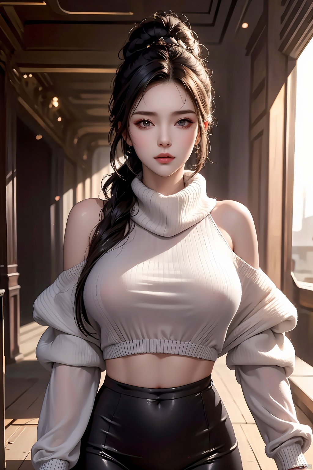 High quality, masterpiece, Portrait,cinematic texture,1girl,sexy_sweater, navel,Scarf,Off shoulder<lora:EMS-263174-EMS:0.800000>