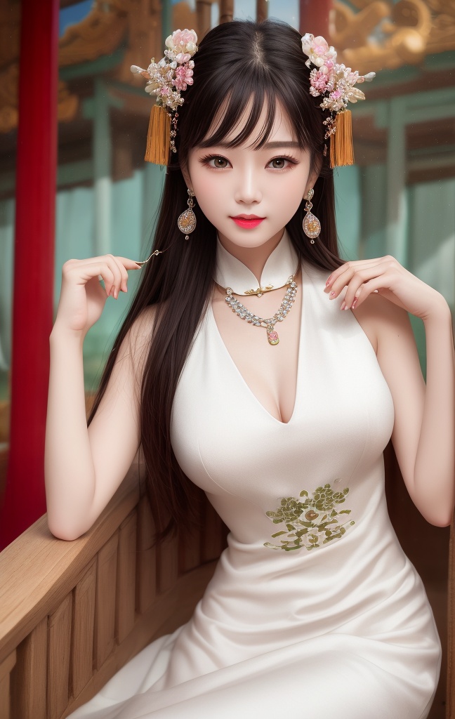 best quality, masterpiece, highres, 1girl,china dress,Beautiful face, hair ornament, solo,looking at viewer,smile,closed mouth,lips, dress,hair ornament, necklace, jewelry, long hair, earrings, chinese clothes, architecture,east asian architecture <lora:GuoFeng3.2_Lora_light:1>