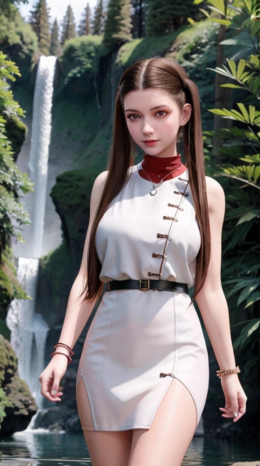 A girl,Black hair,necklace,bracelet,white Dress,(Clothes open),Large breasts,Cleavage of breast,Looking at the viewer,forest,waterfall,lake water,Standing by the lake,,<lora:ad63f8f2f0c45d661f573e19130dcc87606fa6c2cd65cb62d67d1e126846bf3d:0.6>