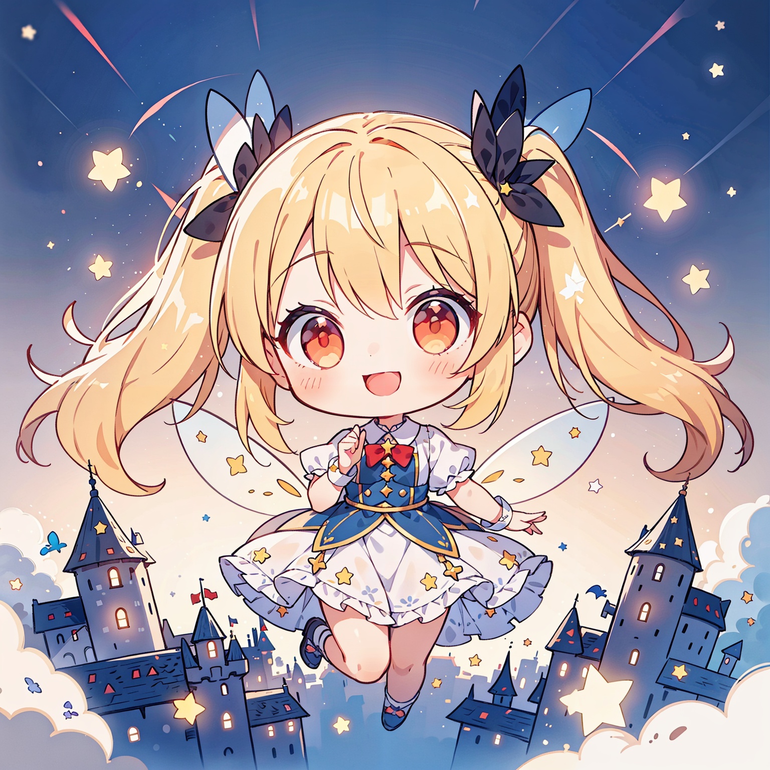 1girl, solo, stars, fairy wings, transparent film luminescent wings,dynamic angle, facing viewers, smile, sweet smile, happy, flying in the sky,night,floating light dot best quality,masterpiece,cute:1.2,yellow hair,red eyes,twintails,bangs,town,castle,